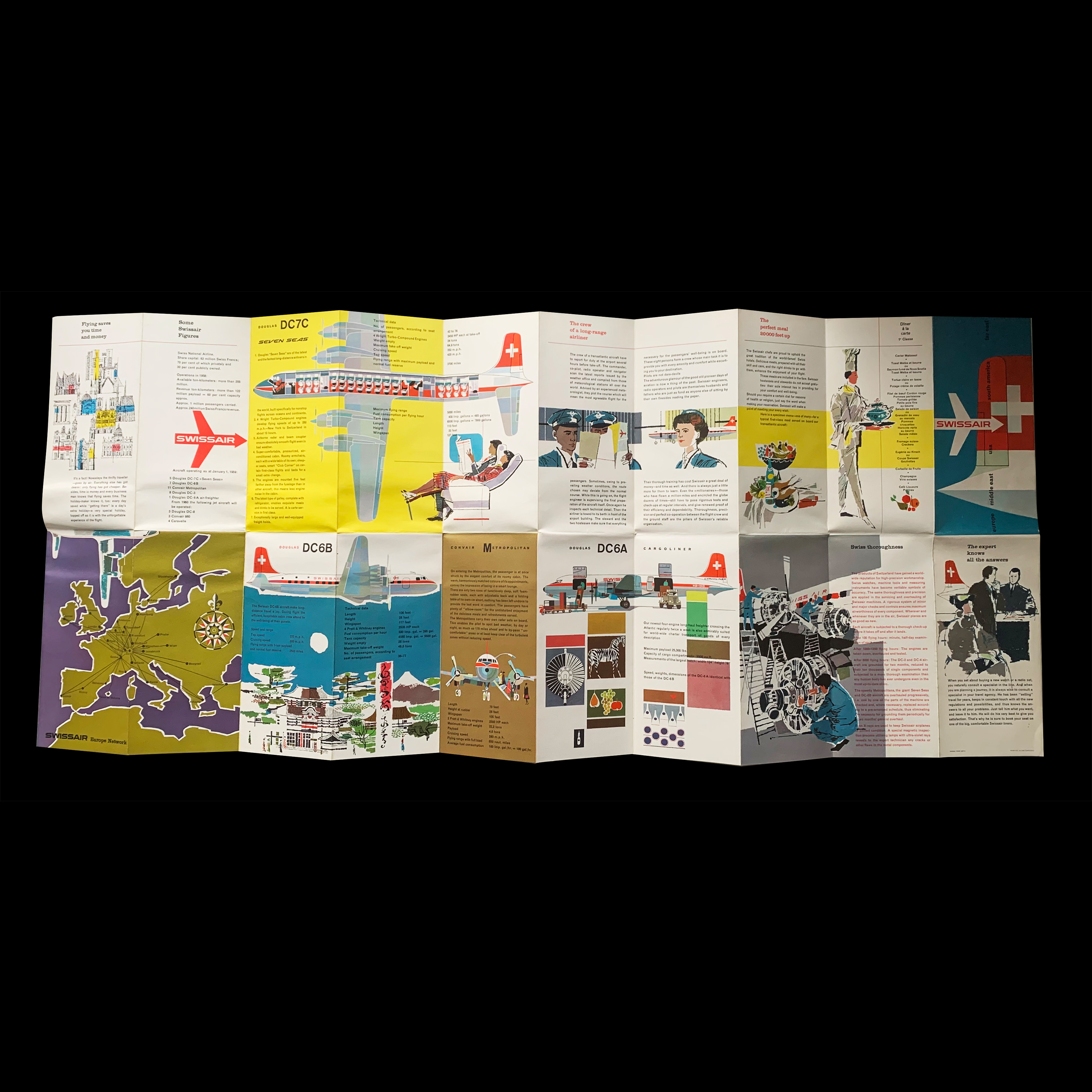 Swissair Routes Brochure, 1950s. Designed by Hugo Wetli
