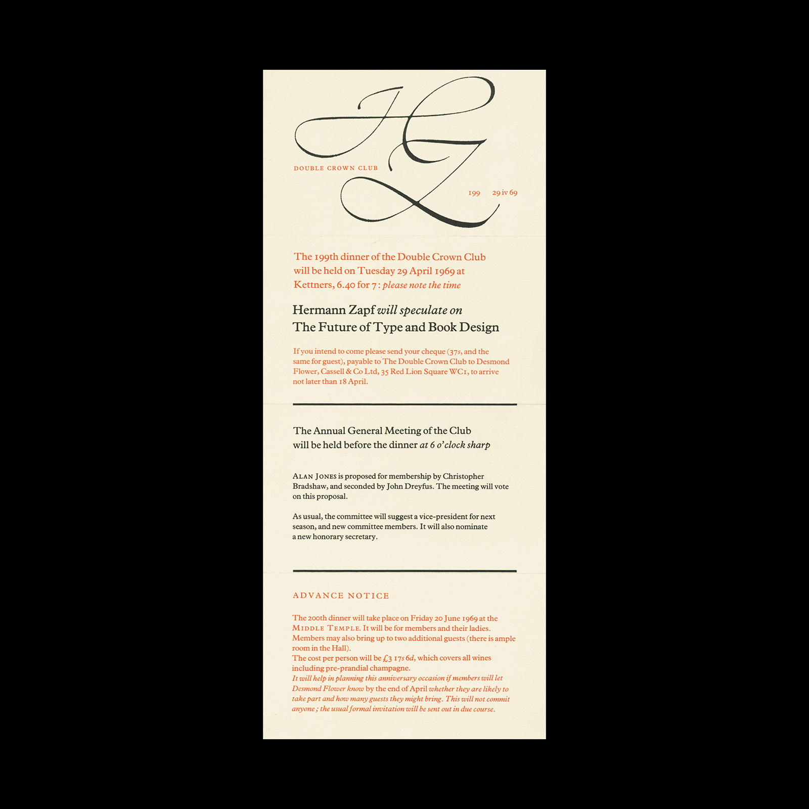 Double Crown Club Dinner Invitation Card, Hermann Zapf on the Future of Type And Book Design, 1969 1 Double Crown Club Dinner Invitation Card, Hermann Zapf on the Future of Type And Book Design, 1969