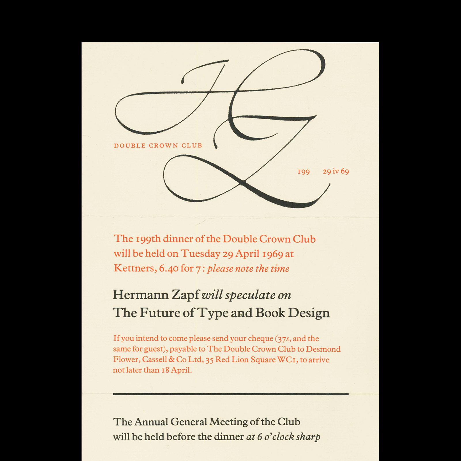 Double Crown Club Dinner Invitation Card, Hermann Zapf on the Future of Type And Book Design, 1969 2 Double Crown Club Dinner Invitation Card, Hermann Zapf on the Future of Type And Book Design, 1969