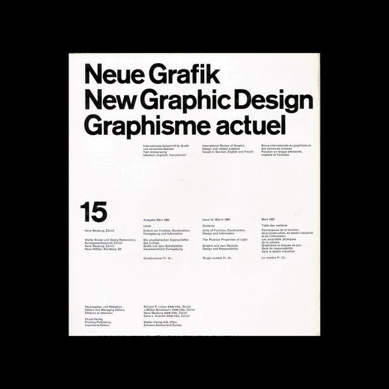 Neue Grafik / New Graphic Design / Graphisme actuel - No.15, 1963. Josef Müller-Brockmann, Hans Neuburg, Richard Paul Lohse, and Carlo Vivarelli