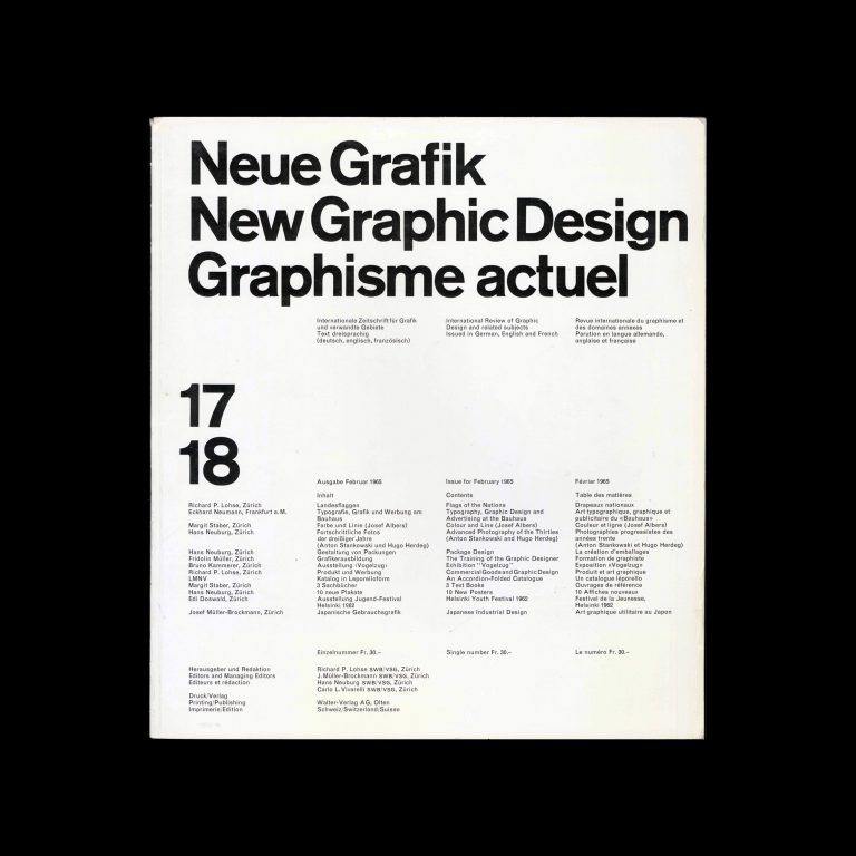 Neue Grafik / New Graphic Design / Graphisme actuel - No.17/18, 1965. Josef Müller-Brockmann, Hans Neuburg, Richard Paul Lohse, and Carlo Vivarelli