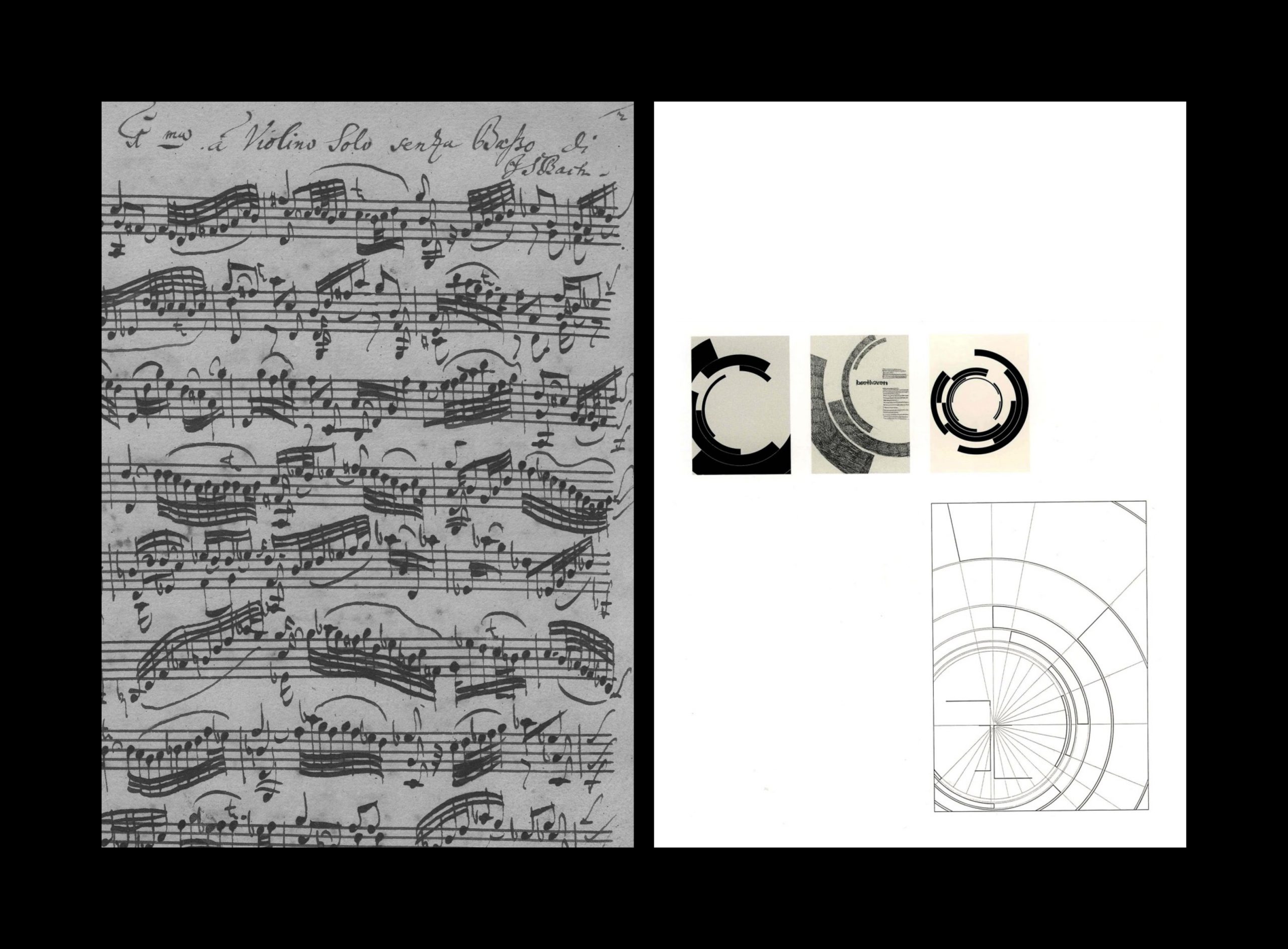 On the left: Johann Sebastian Bach, Sei Solo a Violino, Sonata 1,1685-1750. On the right: Josef Müller-Brockmann, Beethoven Poster, 1955.
