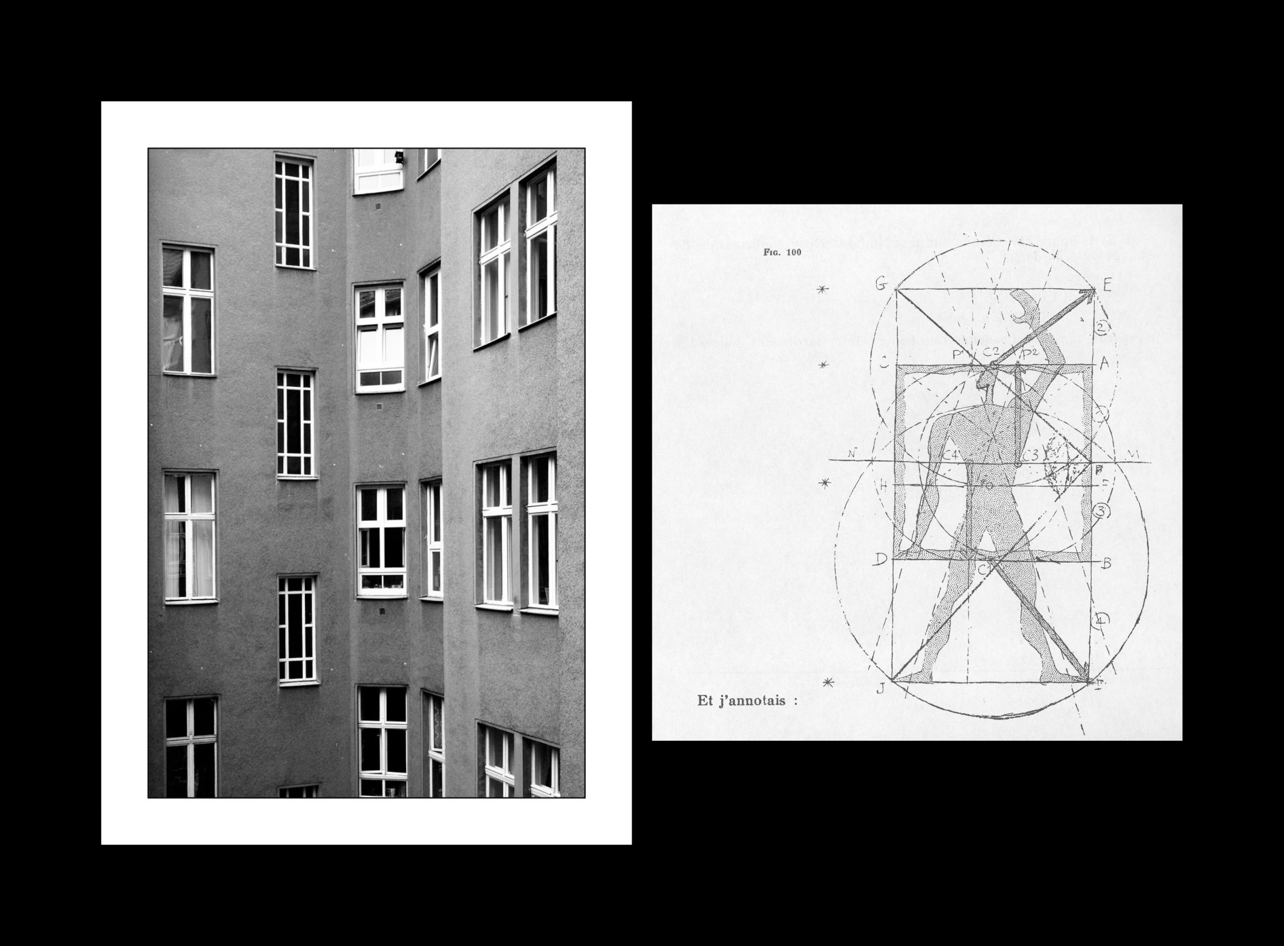 On the left: Thomas Thomitzek, Hinterhaus, Berliner Impressionen, 2011. On the right: Le Corbusier’s Modulor (1942) is invisible in the building, yet it reappears as a repetitive element that occurs at many different scales, repeated in little segments of houses to large segments of urban plans, yet it is rarely an explicit form. Thus Le Corbusier’s statement that the plan is the generator will be seen to be different from the diagram as the generator. (Diagram: An Original Scene of Writing, Diagram Diaries [Peter Eisenman / 1999])