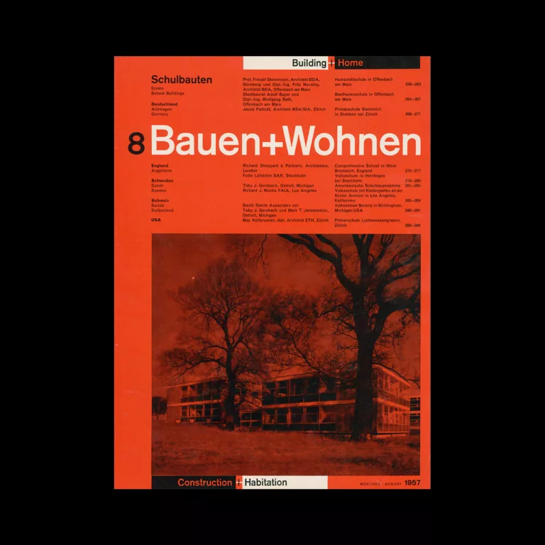 Bauen+Wohnen, 8, 1957. Graphic design by Emil Maurer