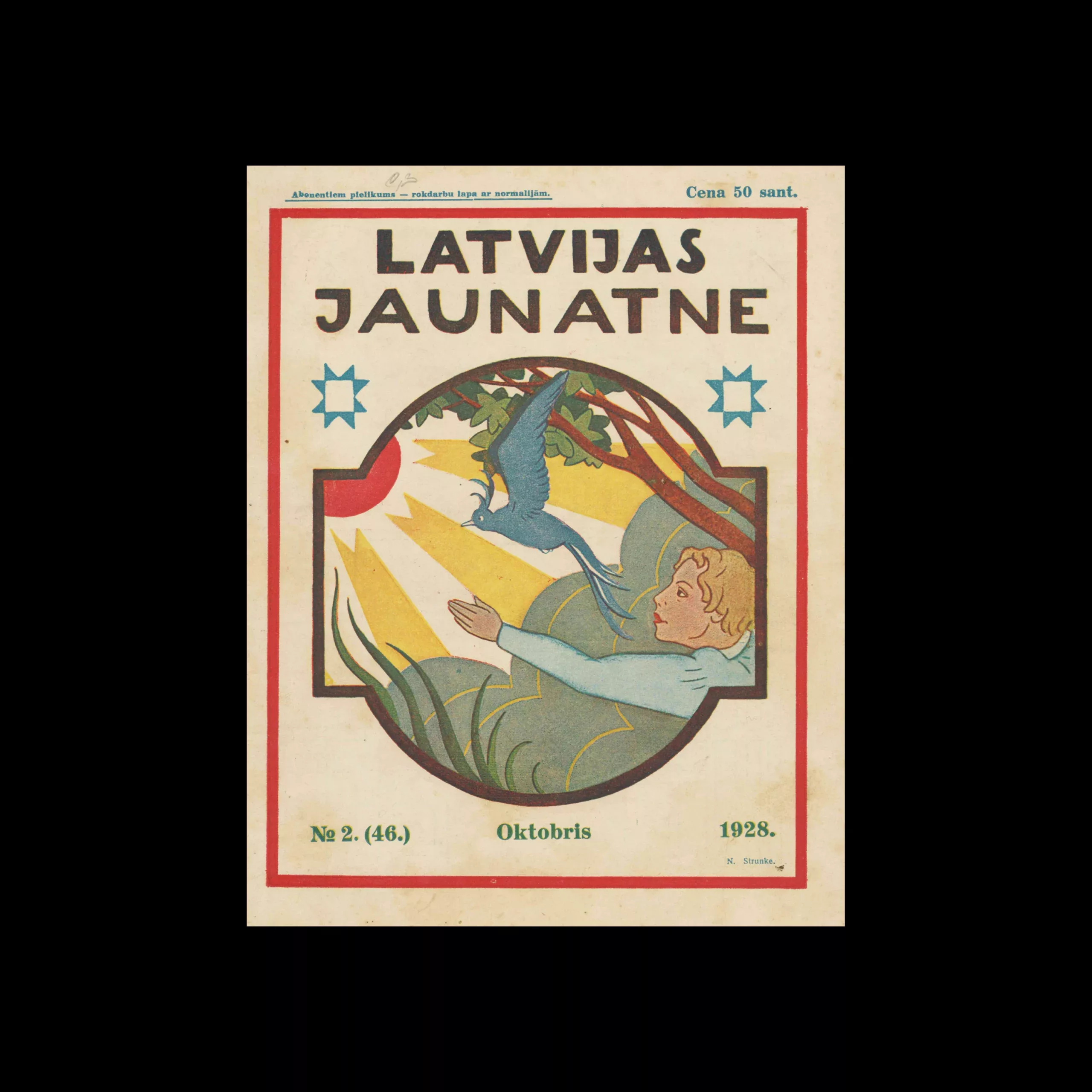 Latvian Youth - Journal for school and home, No.2, 46, October 1928. Cover design by Niklāvs Strunke
