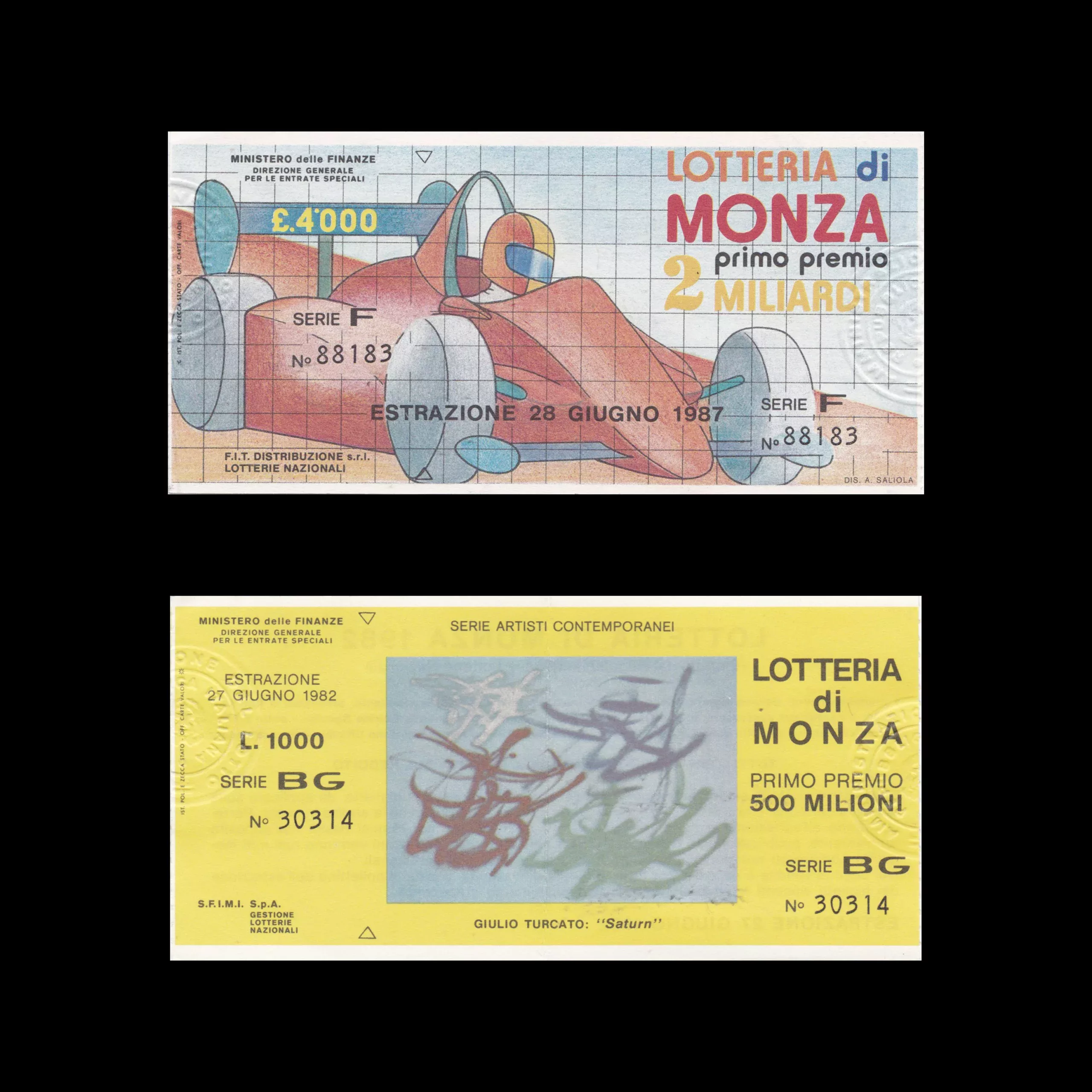 Lotteria Di Monza 1988. Designed by A. Saliola and Lotteria Di Monza 1982