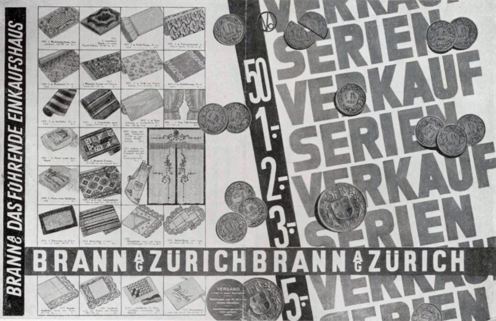 Front and back pages of the cover of a catalogue designed for Brann of Zürich by Ch. Vohdin