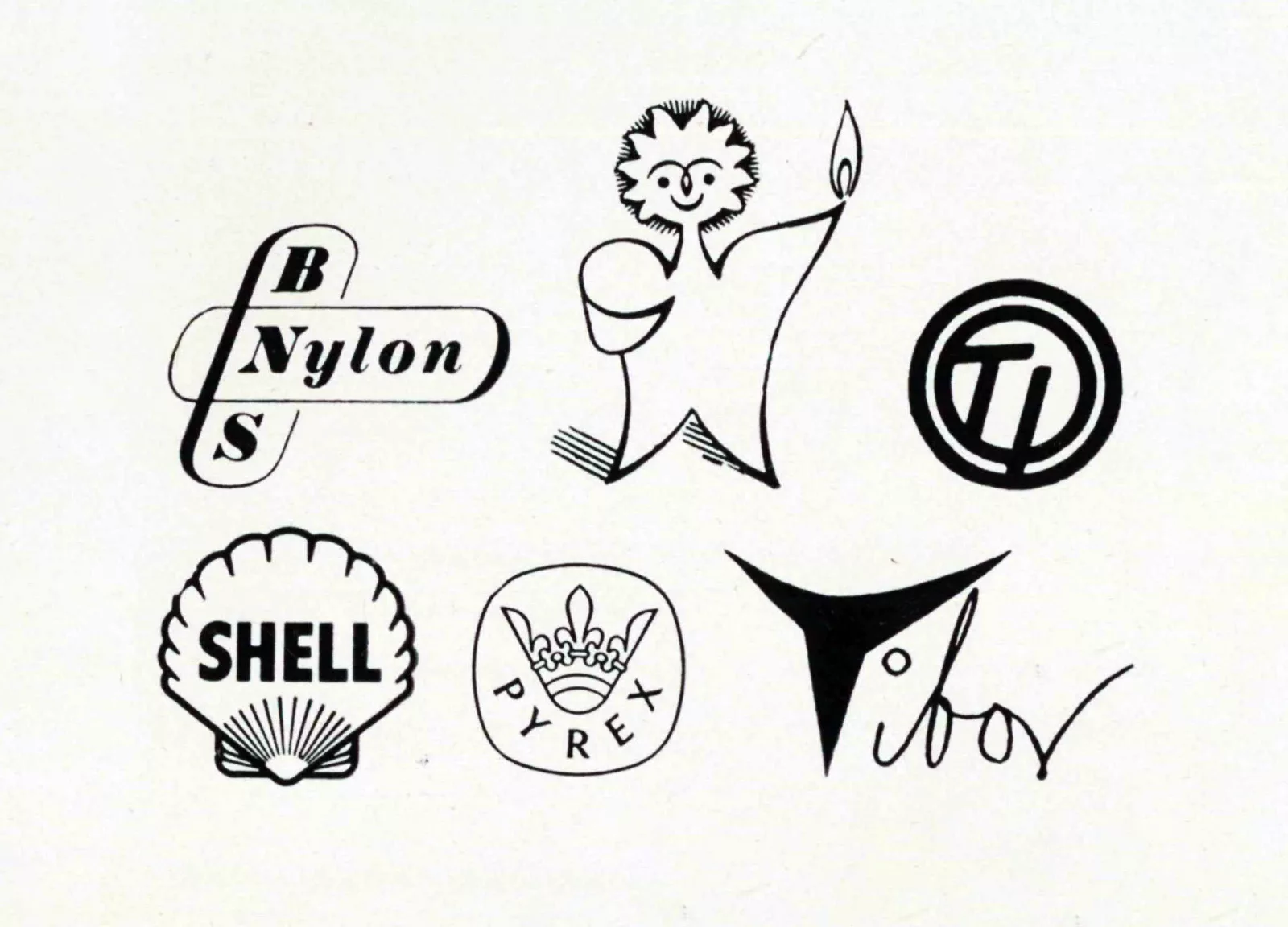 Symbols - not a house style in themselves, but important ingredients. BNS (British Nylon Spinners Ltd); DESIGNER: C. D. Notley (Advertising) Ltd; Mr Therm (The Gas Council), DESIGNER: Eric Fraser; TI (Tube Investments Ltd); Shell (Shell Petroleum Co Ltd); 'Pyrex' (James A. Jobling & Co Ltd), DESIGNER: Milner Gray; Tibor (Tibor Ltd), DESIGNER: Tibor Reich.