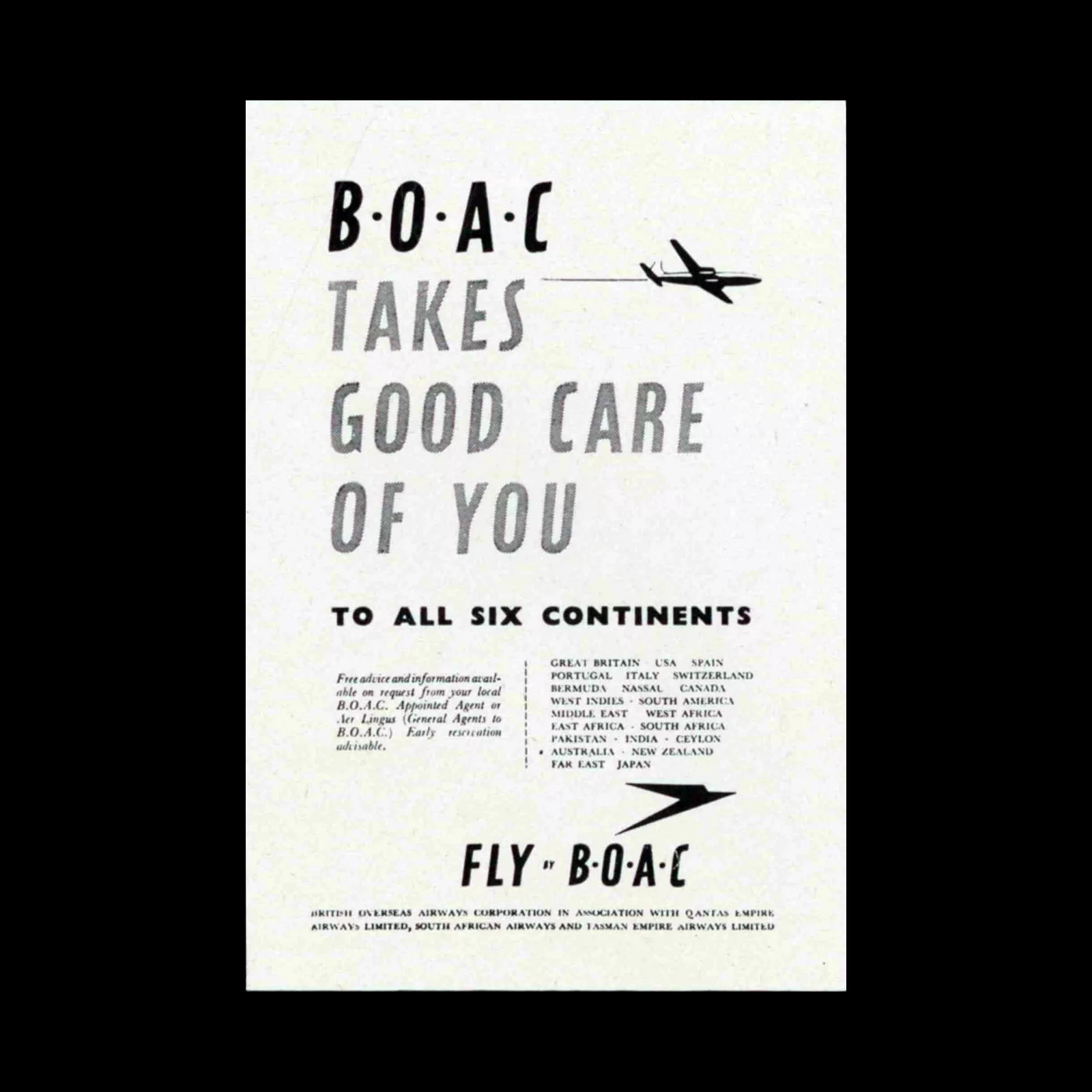 The Cyclone type face, designed and produced for the Fanfare Press under the supervision of Ernest Ingham, is used on BOAC's aircraft, vehicles and buildings, as well as in advertising and display material. Its use is necessarily limited because it has no Roman or upright version, and no lower-case. Today it is seldom employed for anything more than the corporation's name or initials perhaps as a reaction from its more extensive use a few years ago, above, left. The BOAC symbol was designed by Theyre Lee-Elliott.