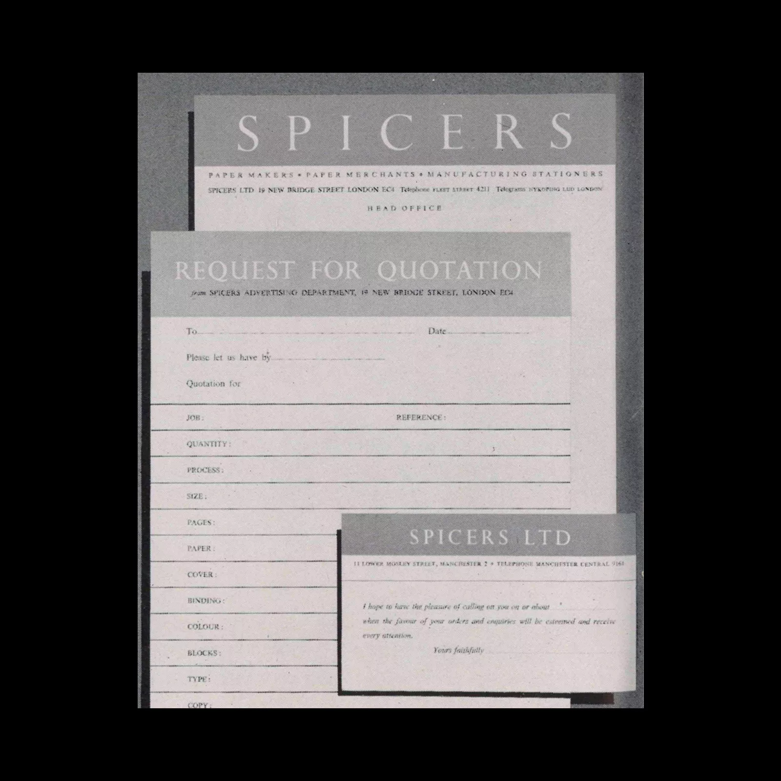 A new range of business stationery for Spicers Ltd. Hand drawn lettering closely based on Perpetua Titling capitals is a characteristic of Spicers' house style. DESIGNER: Edward Price.