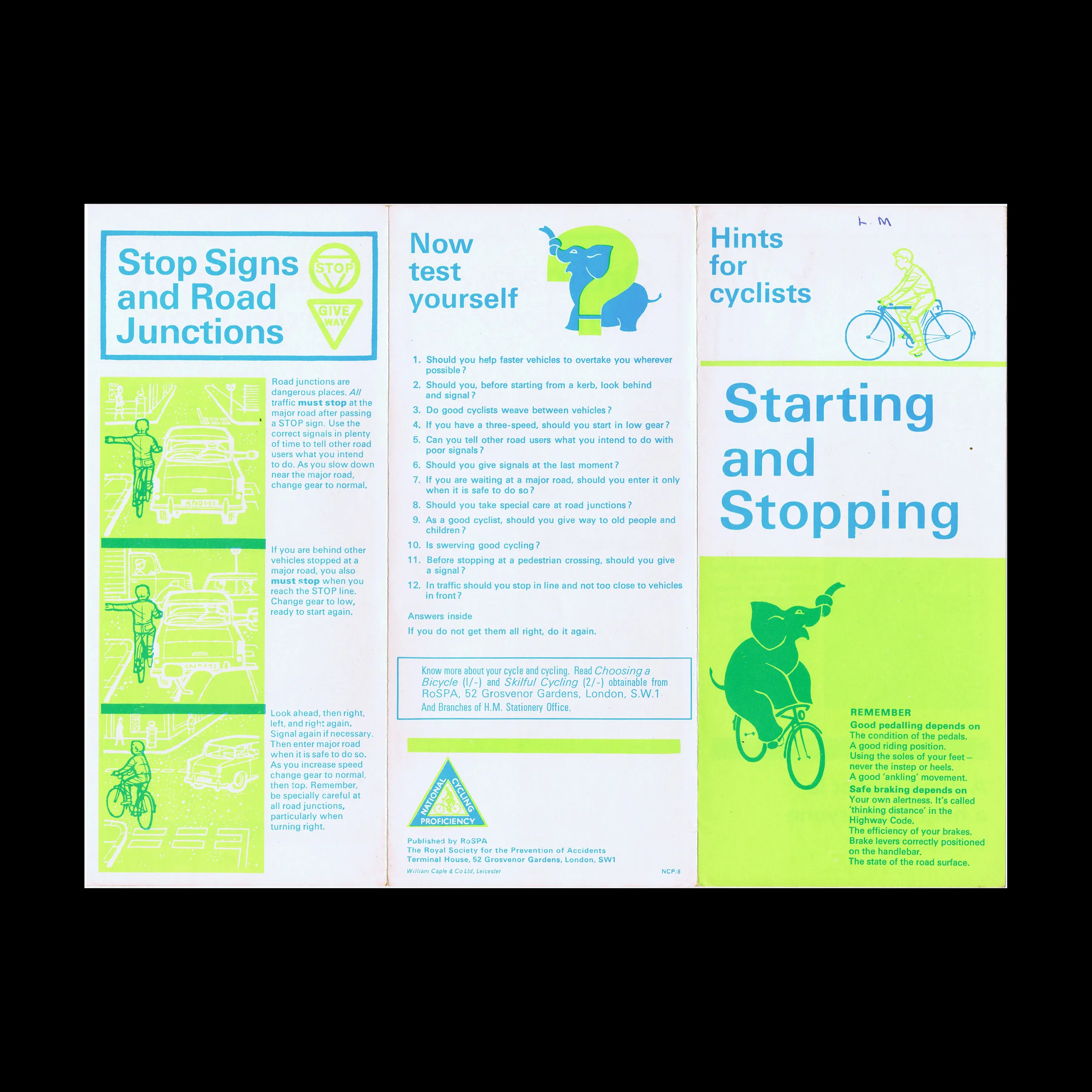 Hints for Cyclists, Starting and Stopping, The Royal Society for the Prevention of Accidents (RoSPA), c. mid 1970s 3 Hints for Cyclists, Starting and Stopping, The Royal Society for the Prevention of Accidents (RoSPA), c. mid 1970s