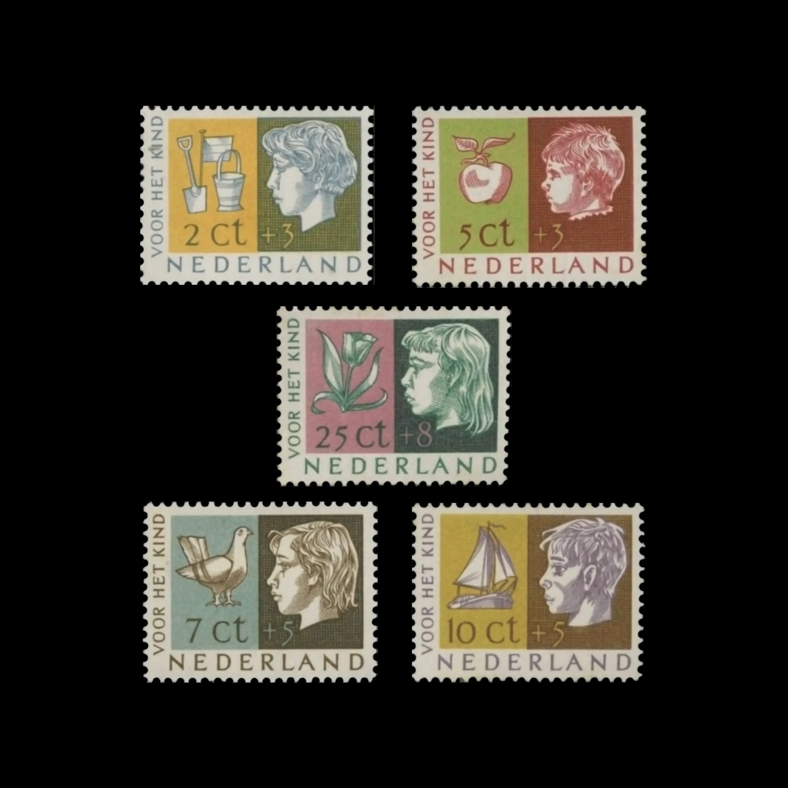 Child and Hobby, Netherlands Stamps, 1953. Designed by Theo Kurpershoek