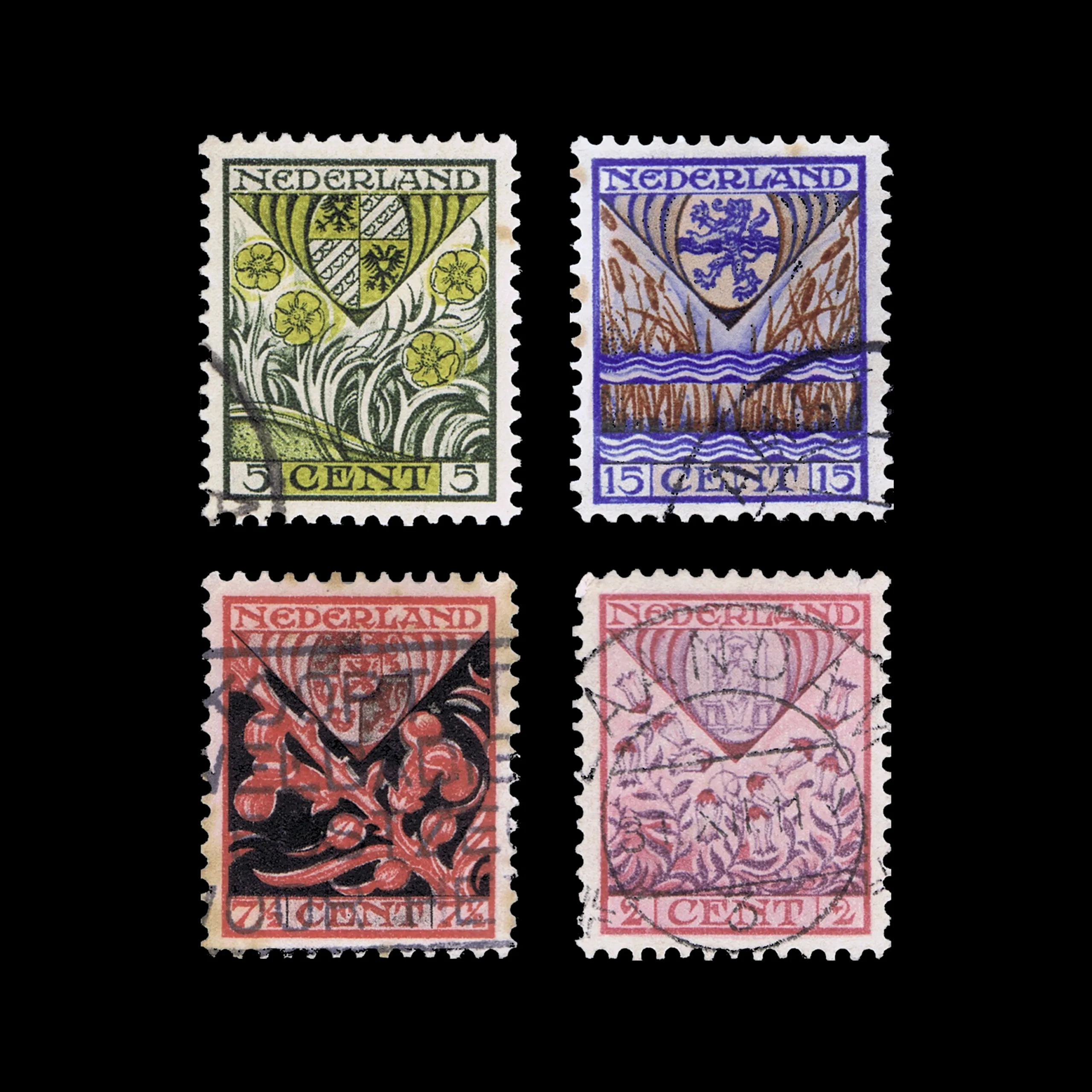 Coats of Arms of Drenthe, Groningen, Limburg and Overijssel, Children’s Stamps, Netherlands, 1927. Designed by Anton Molkenboer