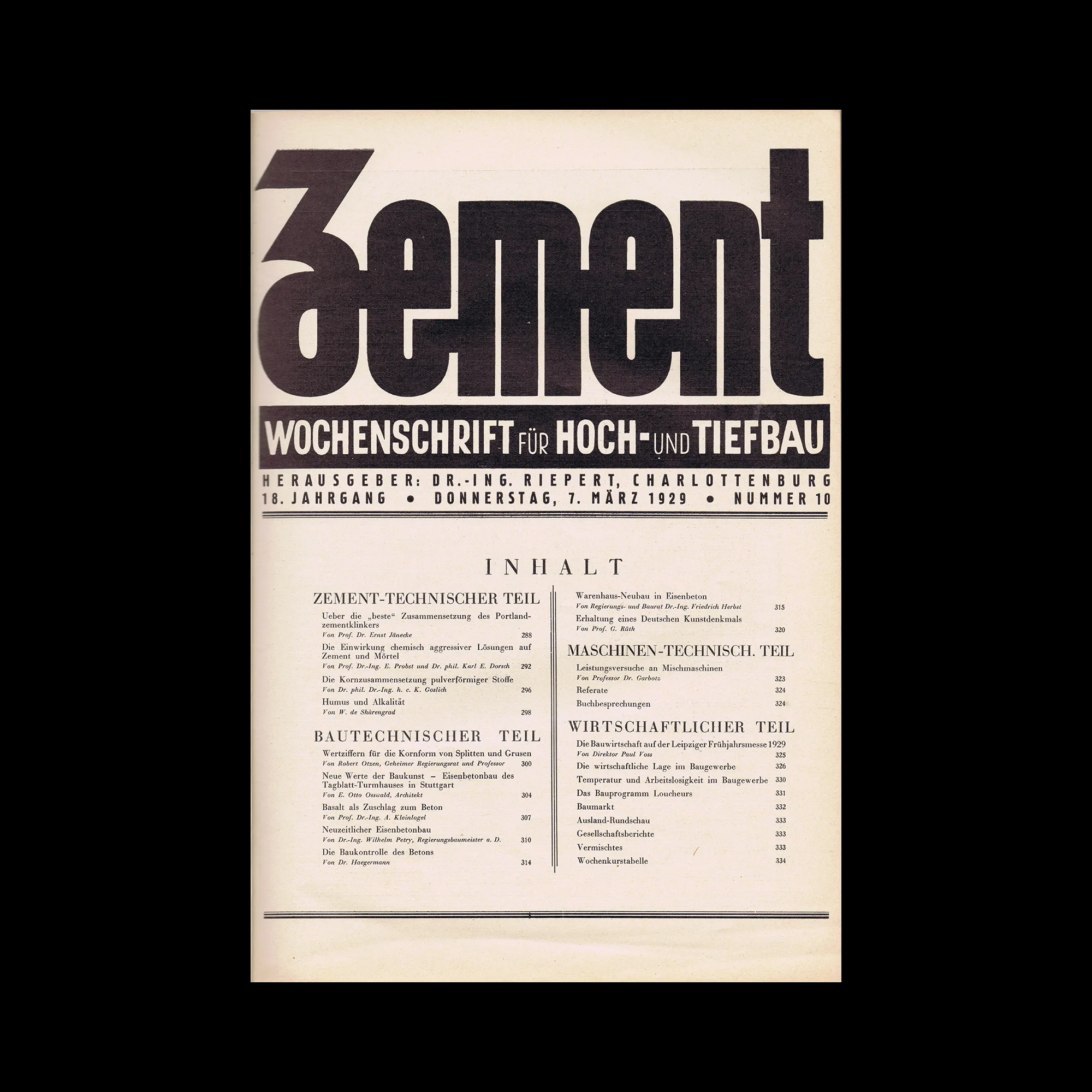 Zement Wochenschrift, No. 10, Zementverlag, Charlottenburg, 1929 Contents Page