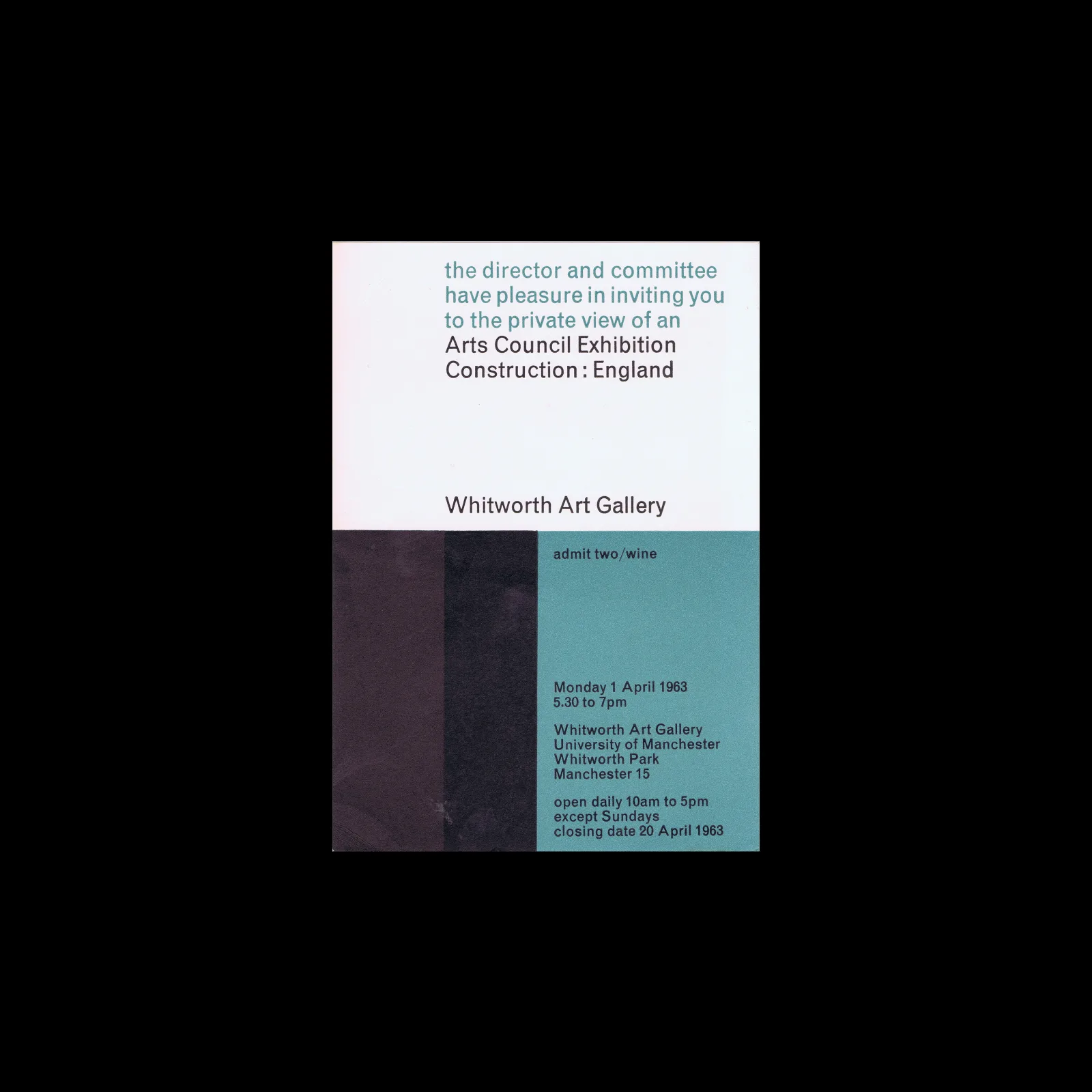 Arts Council Exhibition Construction: England, Private View Invitation, Whitworth Art Gallery, 1963