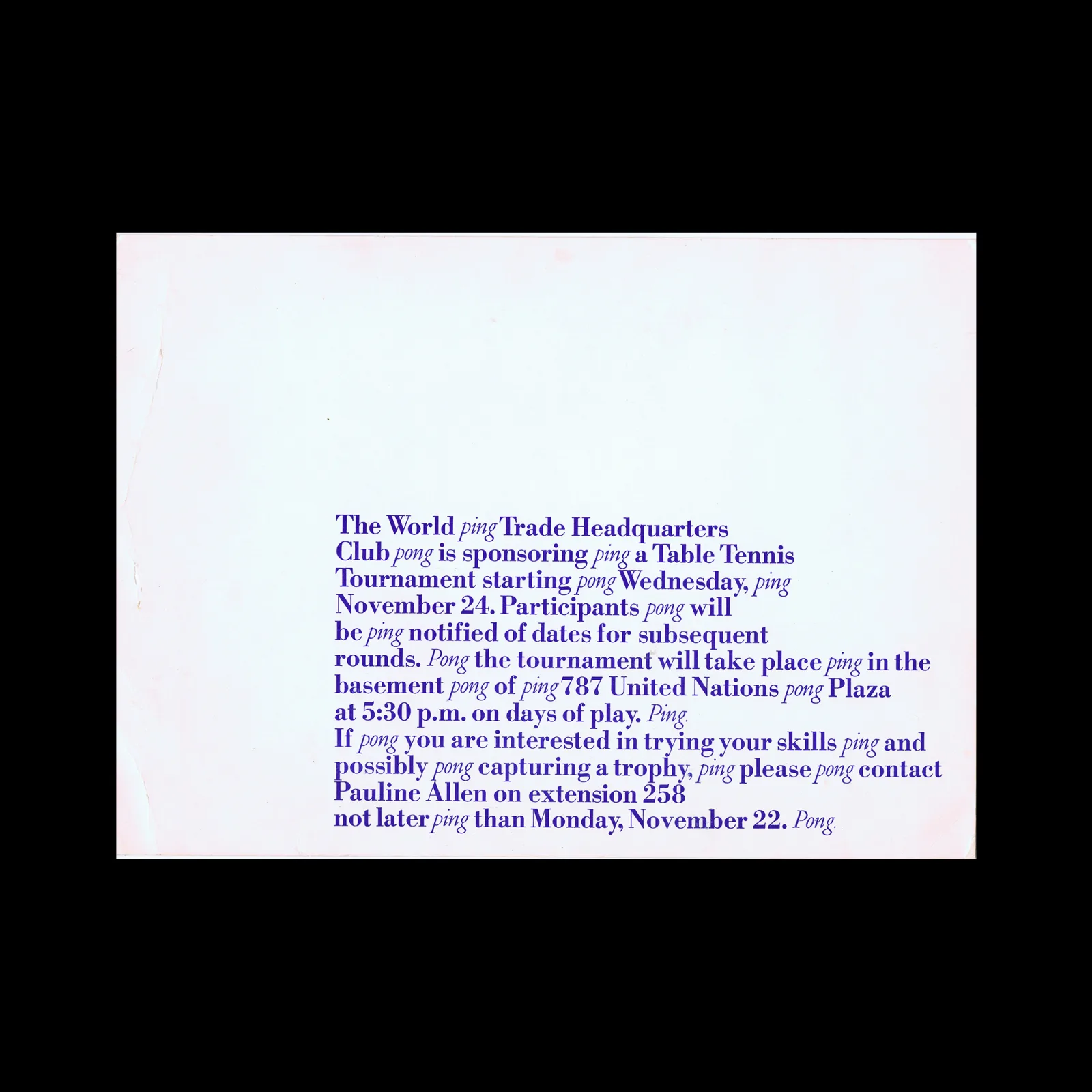 World Trade Headquarters Club — Table Tennis Tournament notice, est. 1971