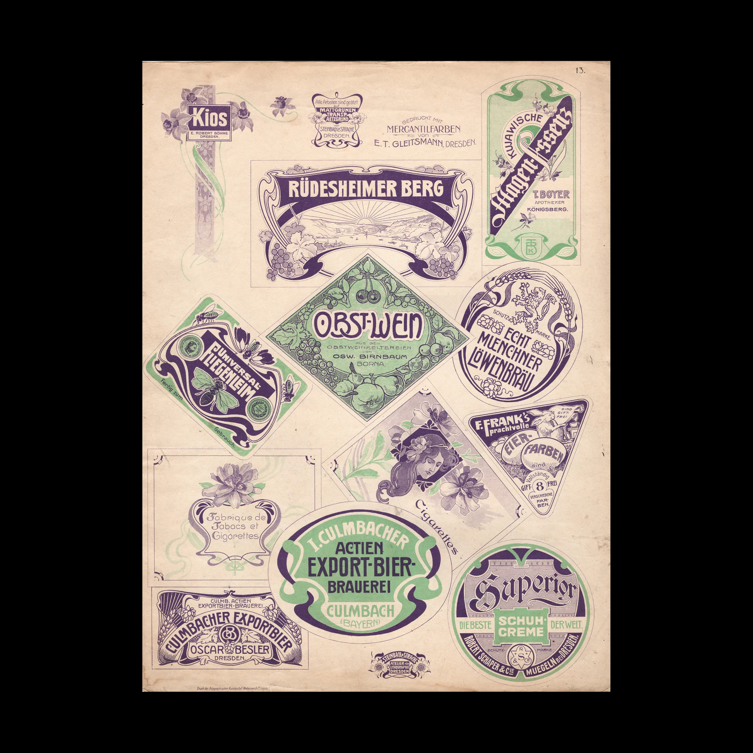Art Nouveau Printer's Plate, Alcohol Labels, c. 1910s