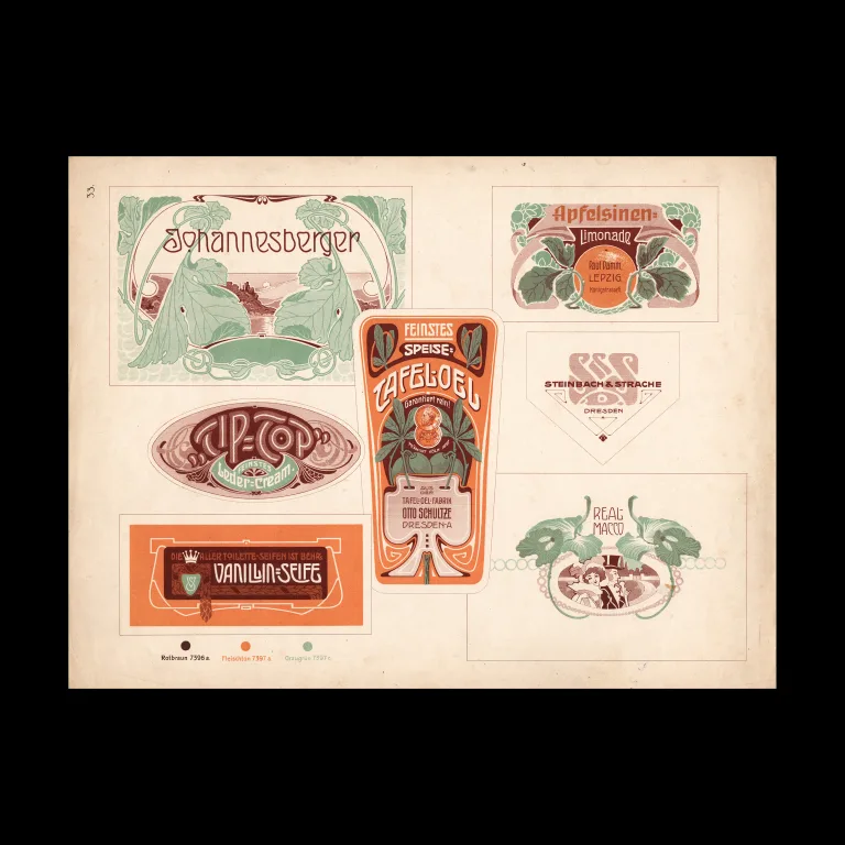 Art Nouveau Printer's Plate, Product Labels, c. 1908–1914