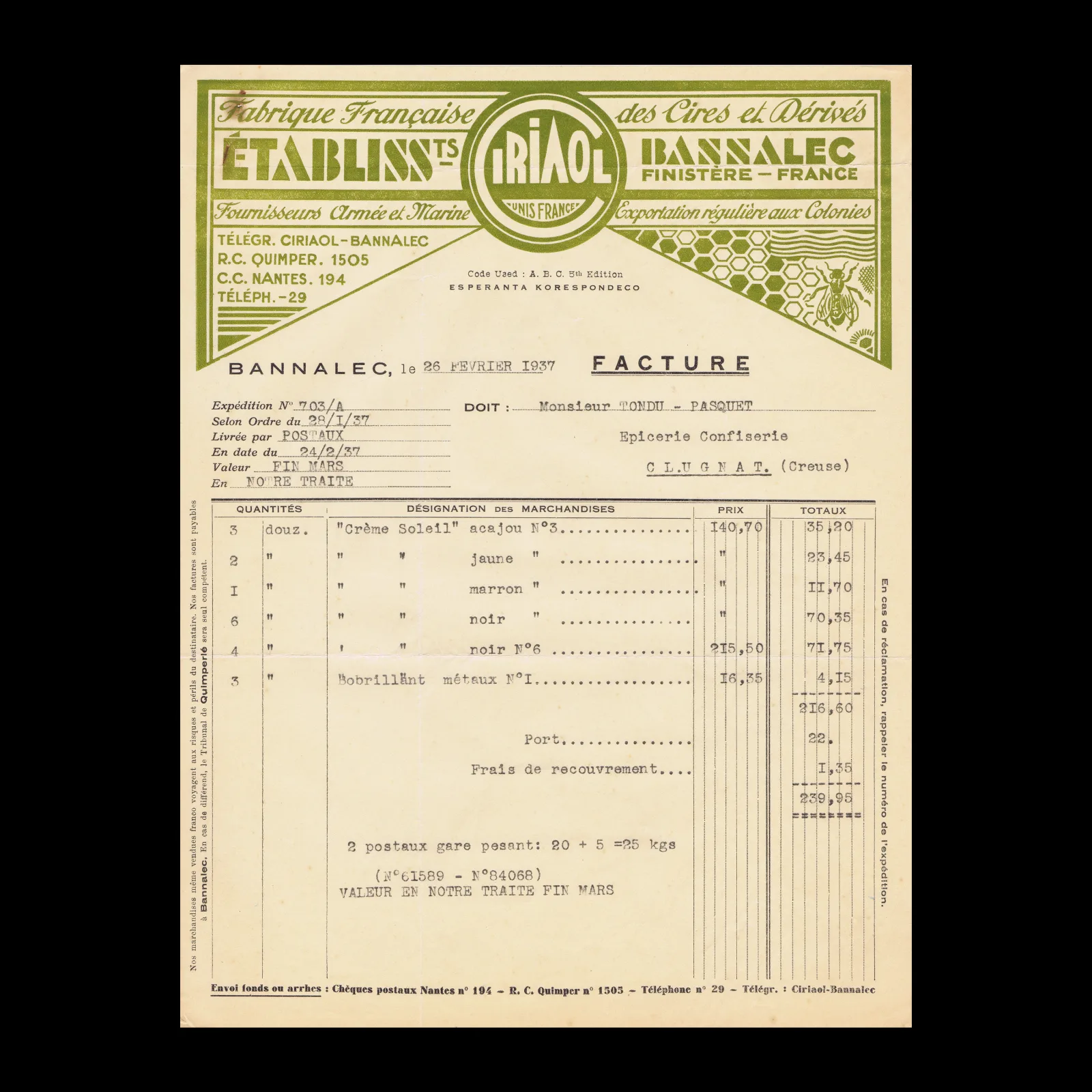 Ciriaol Invoice, Bannalec, 1937