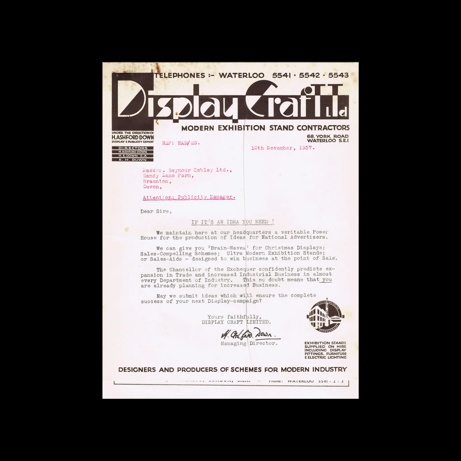 Display Craft Ltd, Letter and Advertising Matter, 1937