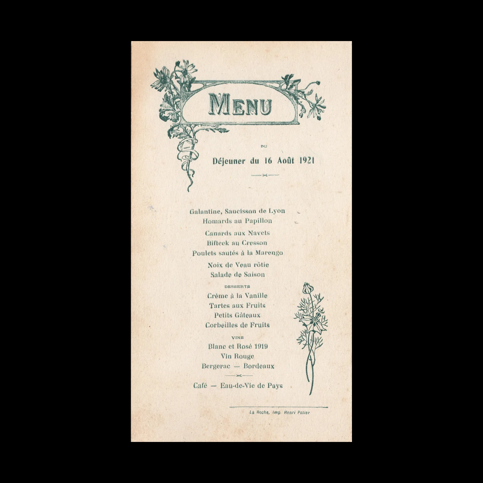 French Restaurant Menu, June 14, 1900
