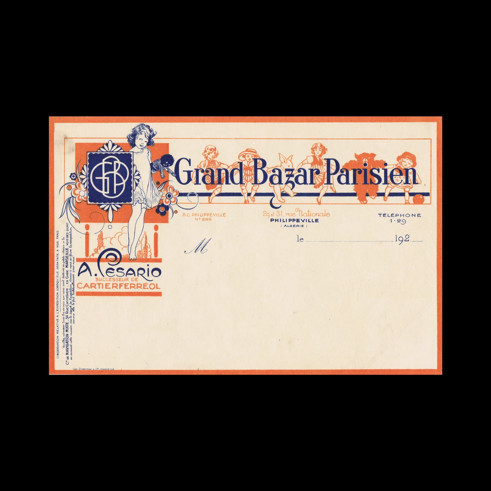 Grand Bazar Parisien Letterhead, Philippeville, Algeria, c.1920s