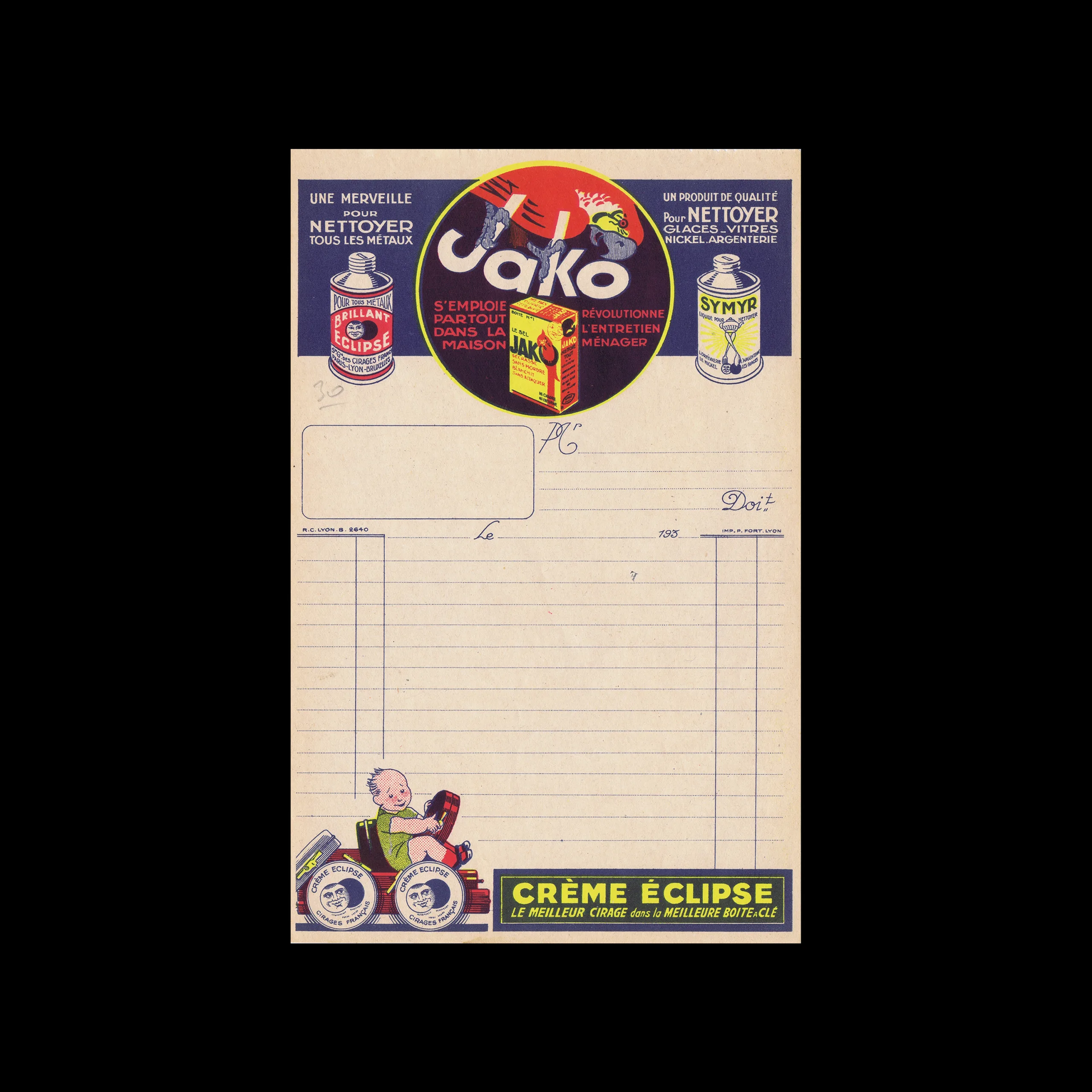 Jako and Crème Éclipse Invoice Form, Lyon, c.1935