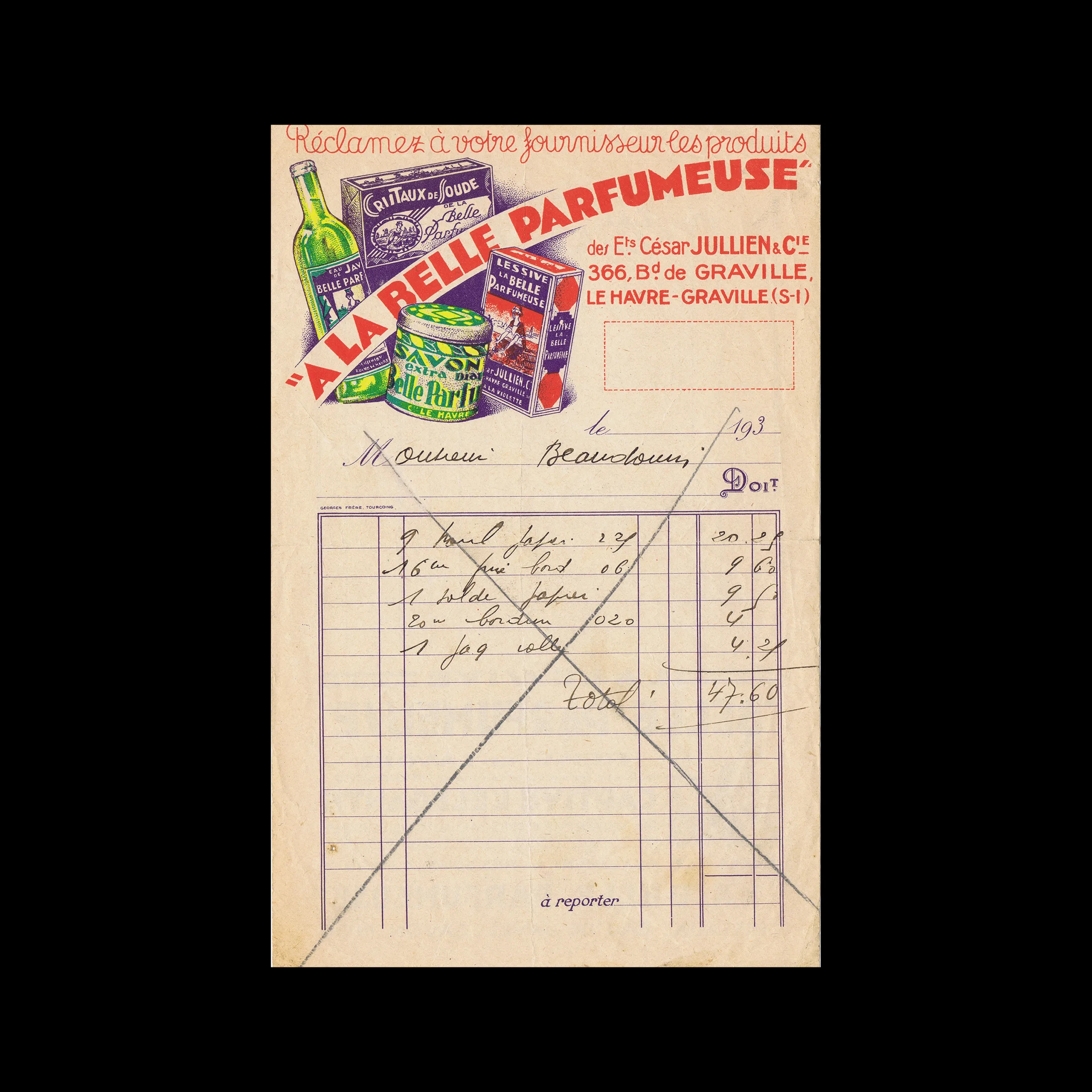 La Belle Parfumeuse Invoice, Le Havre, c.1930s 1 La Belle Parfumeuse Invoice, Le Havre, c.1930s