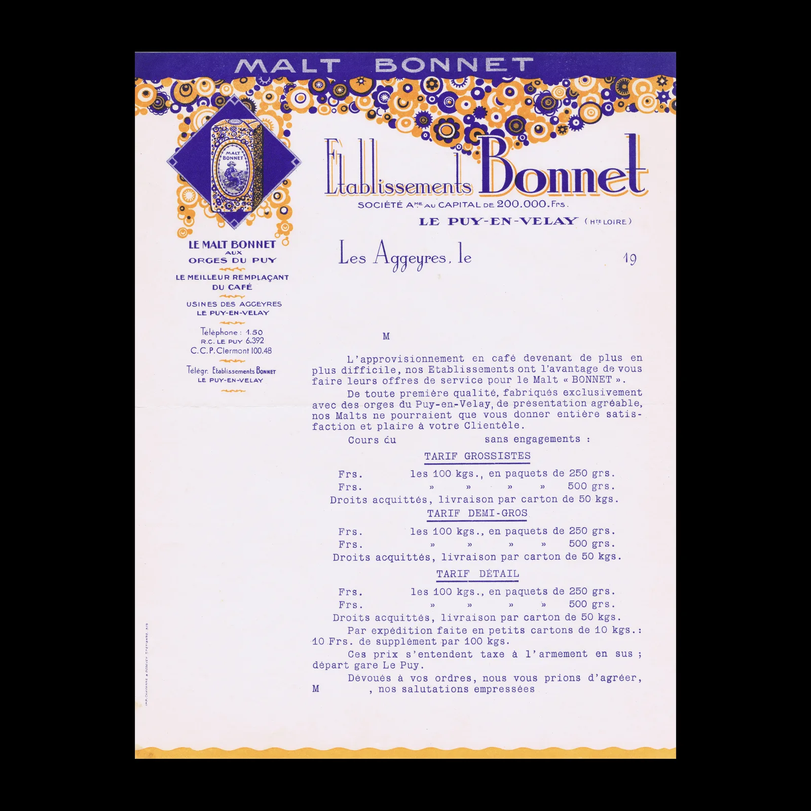 Malt Bonnet Letterhead, Le Puy-en-Velay, c.1930s