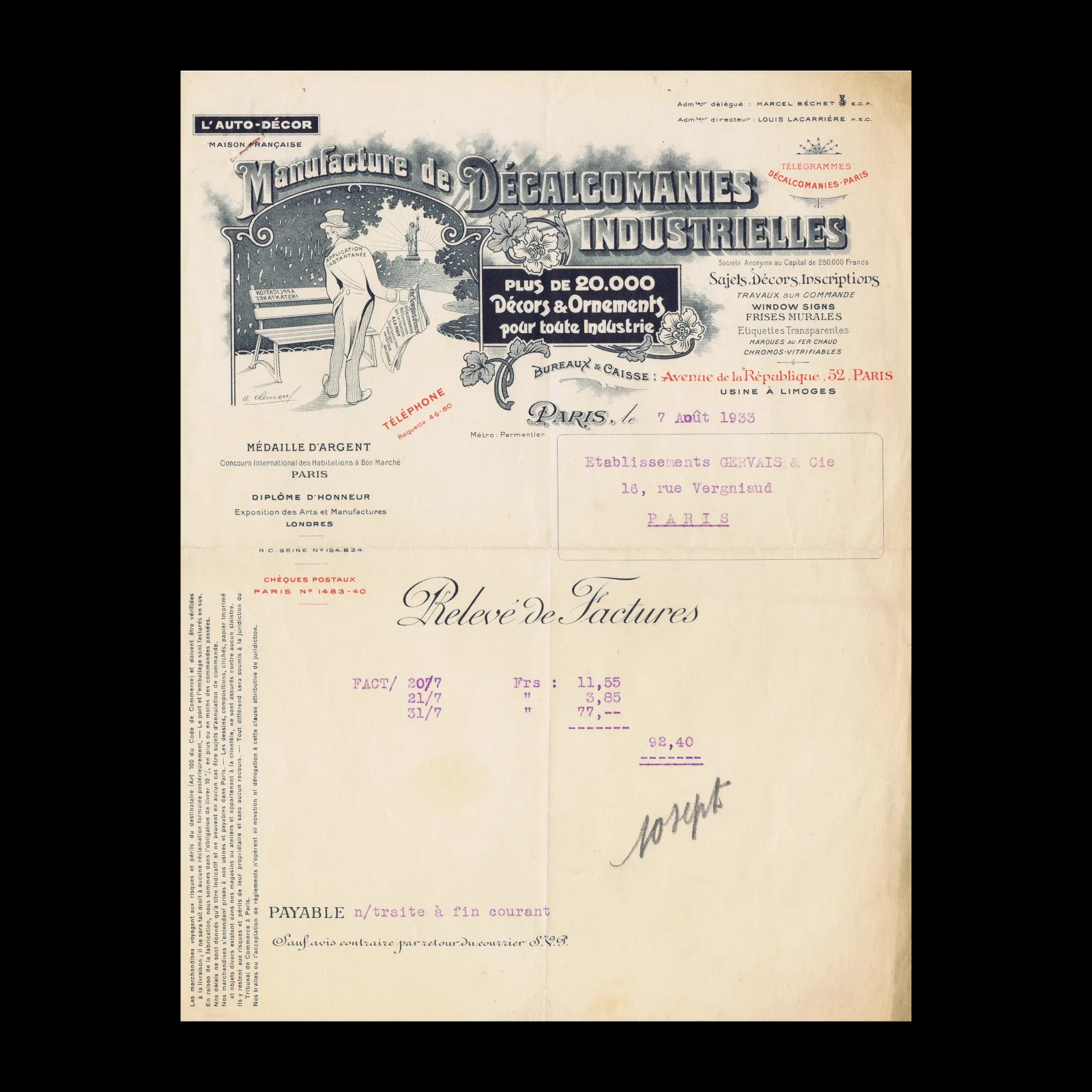 Manufacture de Décalcomanies Industrielles, Statement, Paris, 1933
