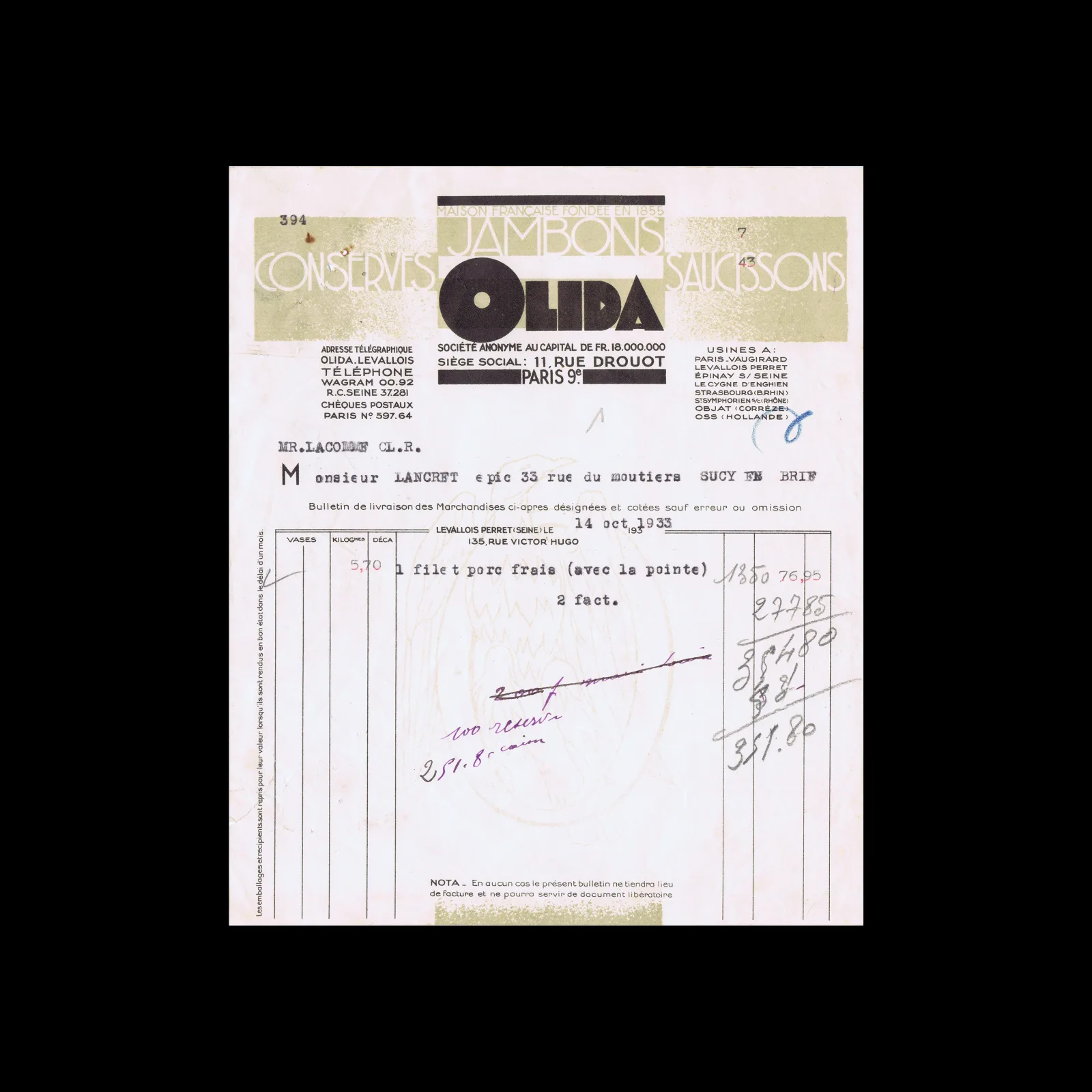 Olida Delivery Note, Paris, 1933