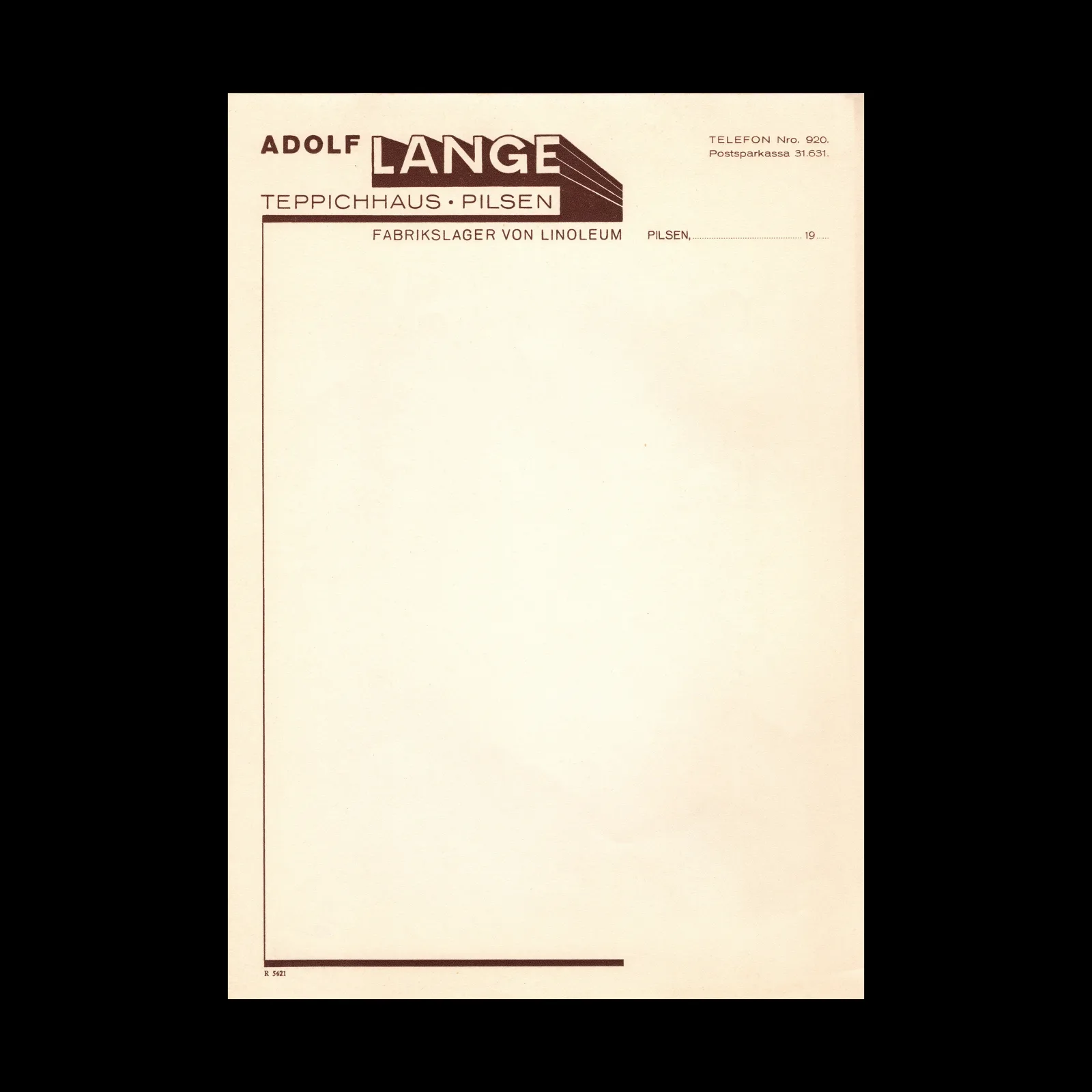 Adolf Lange Teppichhaus Invoice Letterhead, Pilsen, c.1930–1935