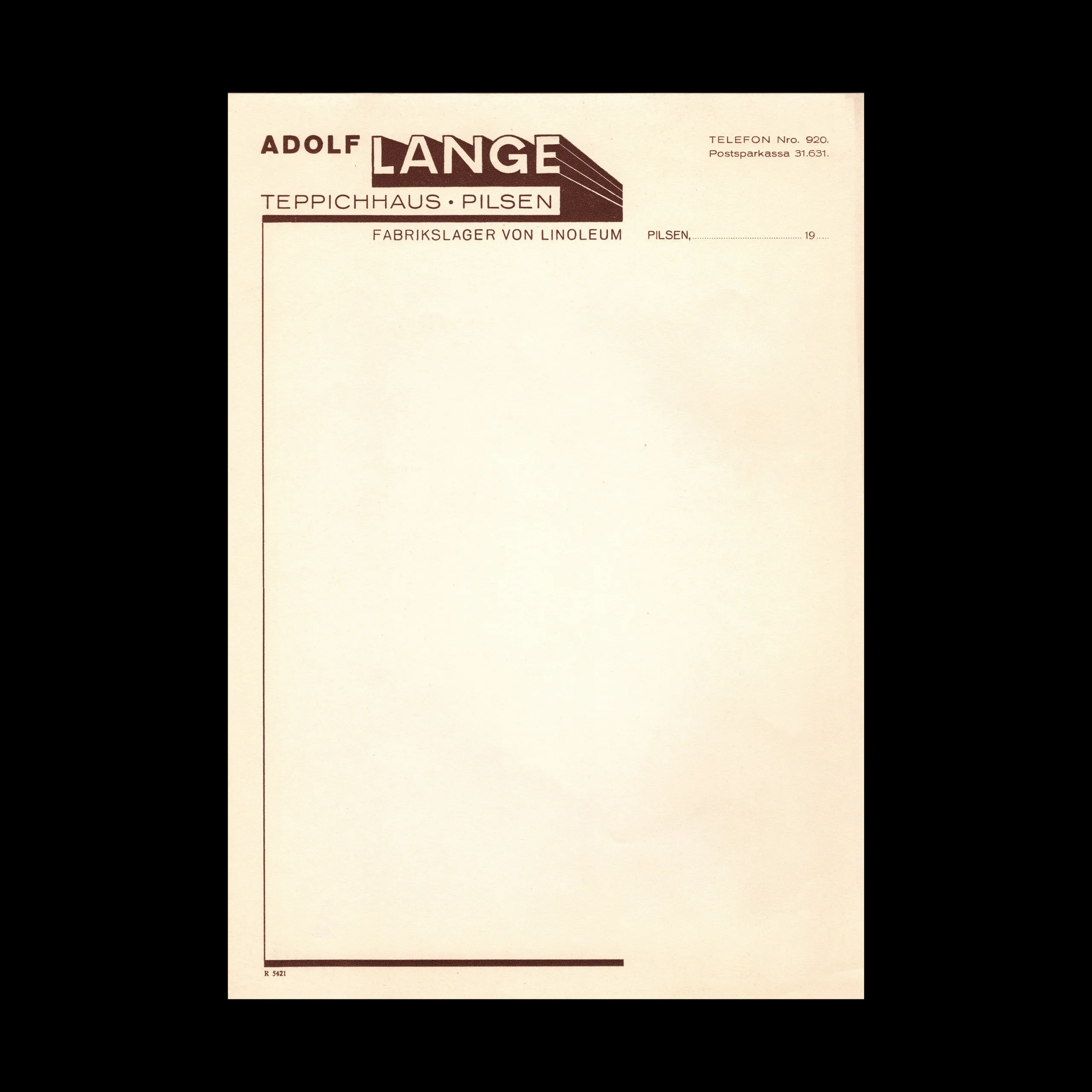 Adolf Lange Teppichhaus Invoice Letterhead, Pilsen, c.1930–1935
