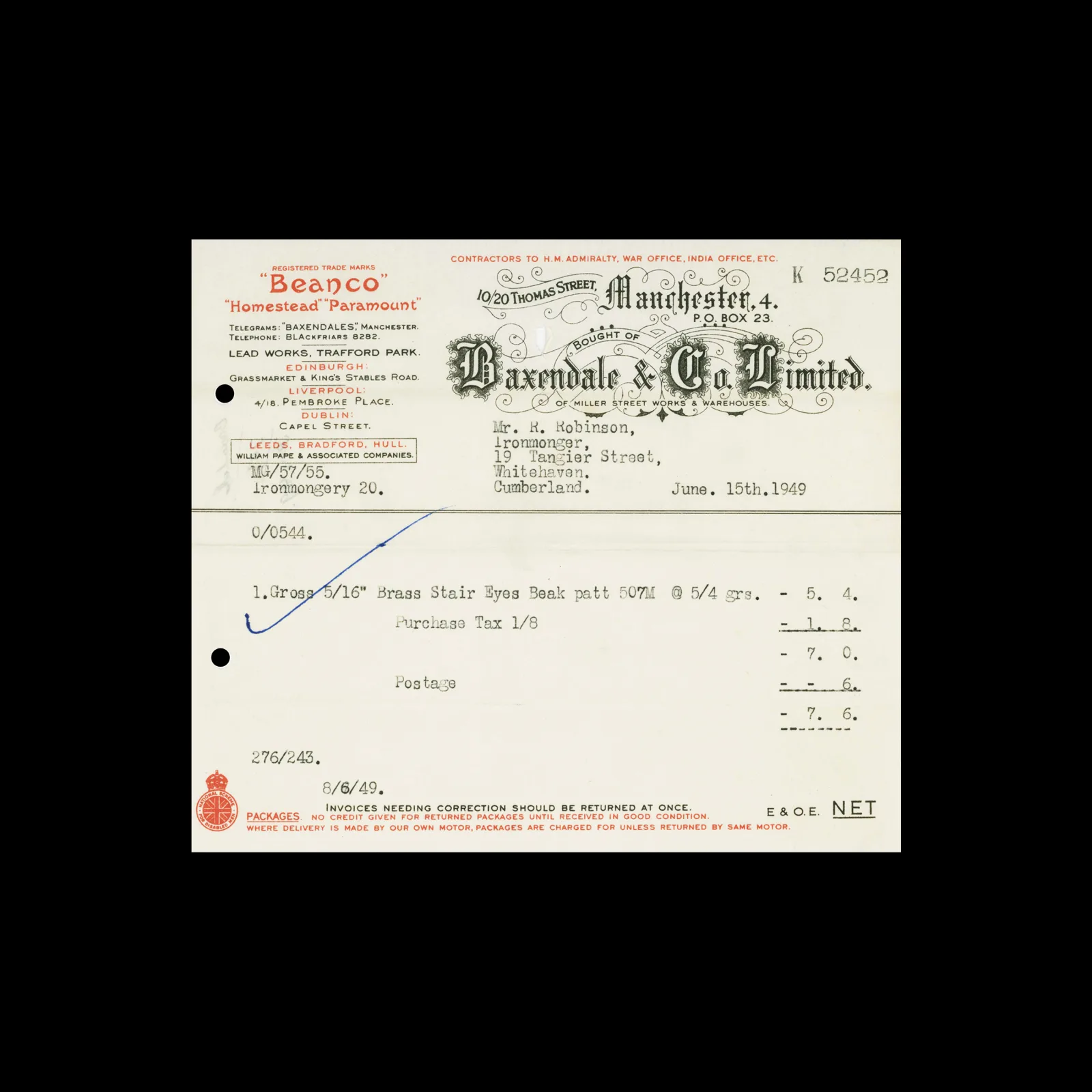 Baxendale & Co. Limited, Invoice, Manchester, 1949