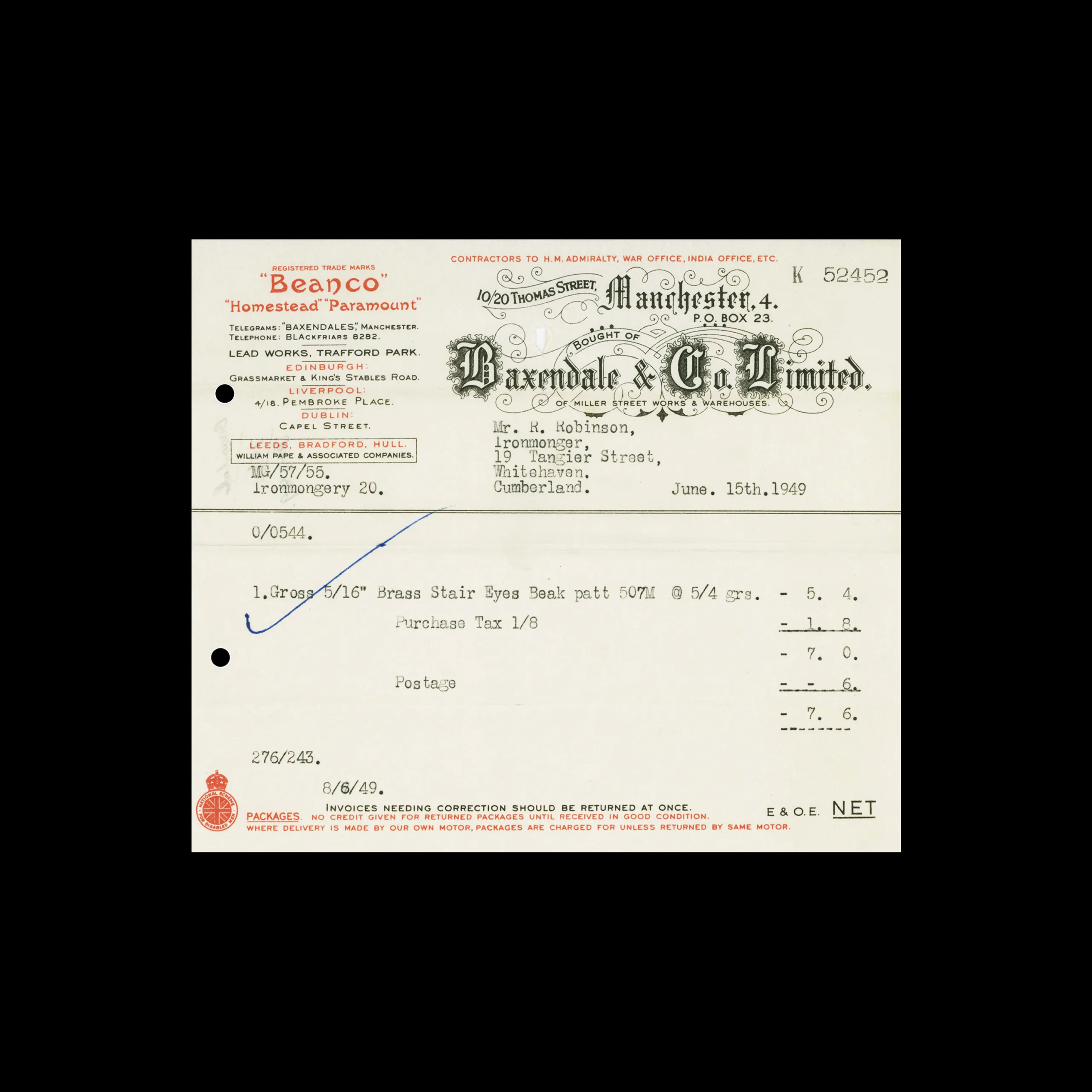 Baxendale & Co. Limited, Invoice, Manchester, 1949