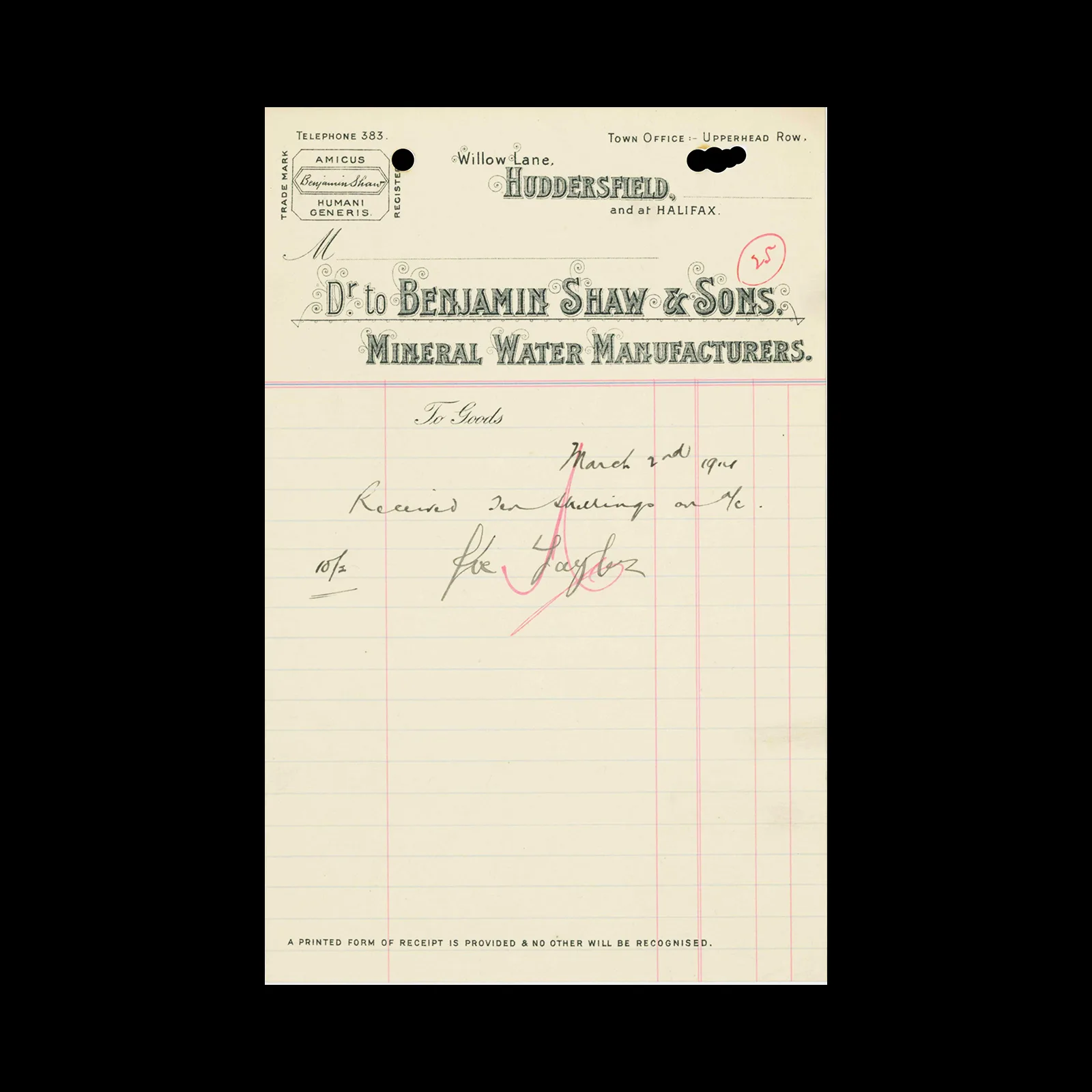 Benjamin Shaw & Sons, Receipt, Huddersfield, c.1910s