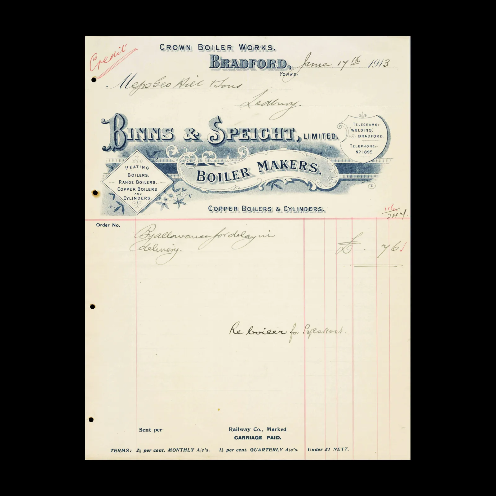 Binns & Speight, Limited, Credit note, Bradford, 1913