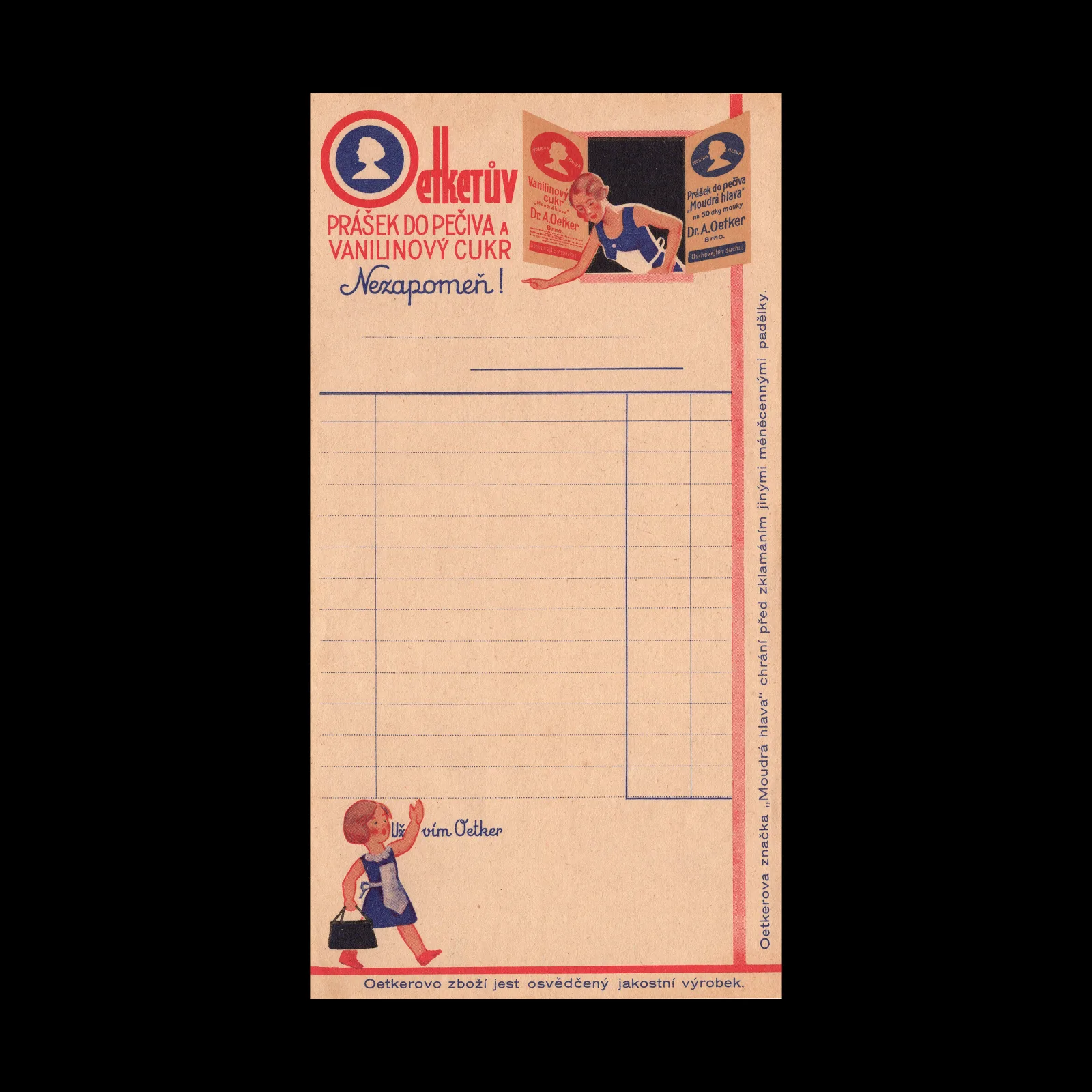 Dr. Oetker Baking Powder Account Sheet, c.1935–1940