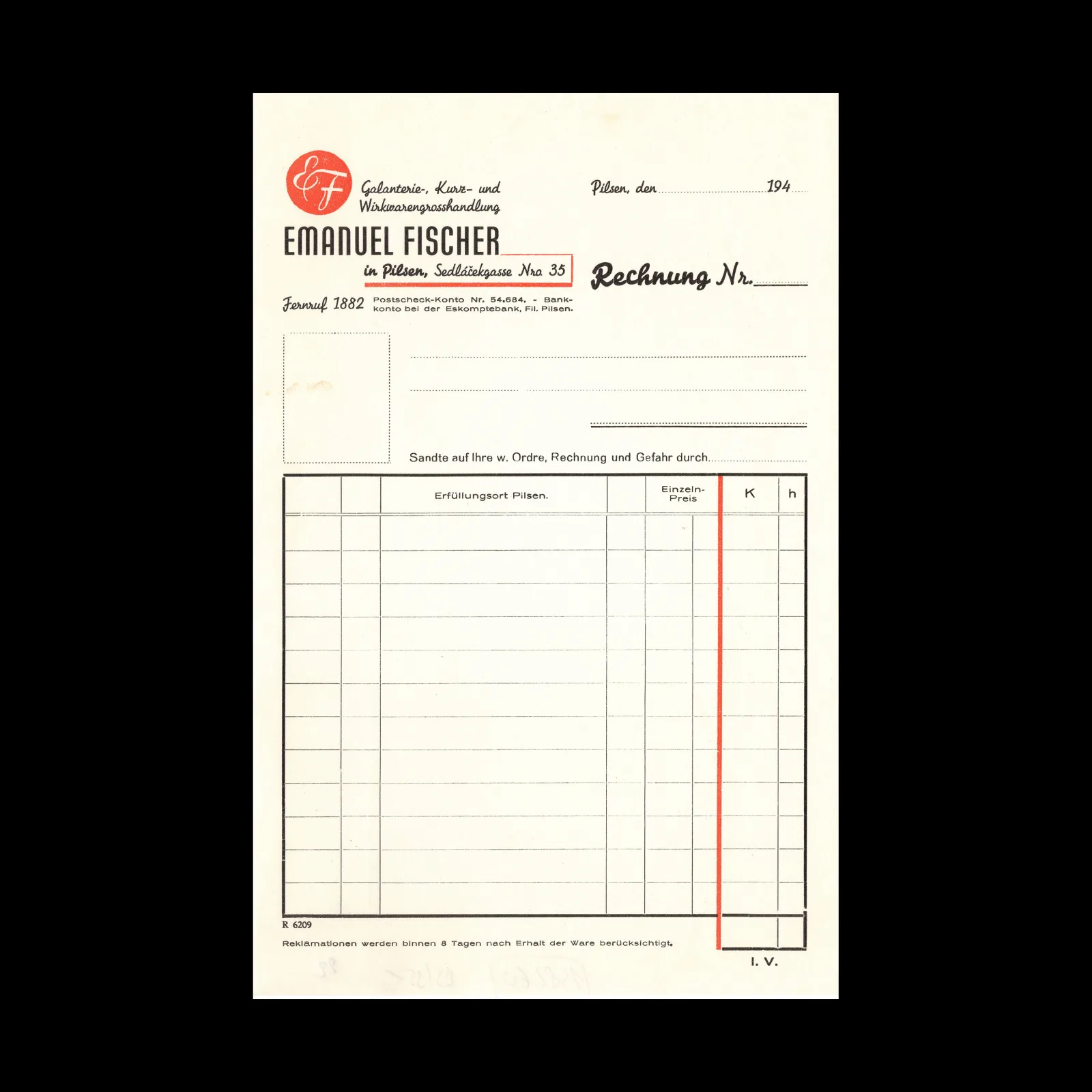 Emanuel Fischer Invoice Form, Pilsen, 1940s