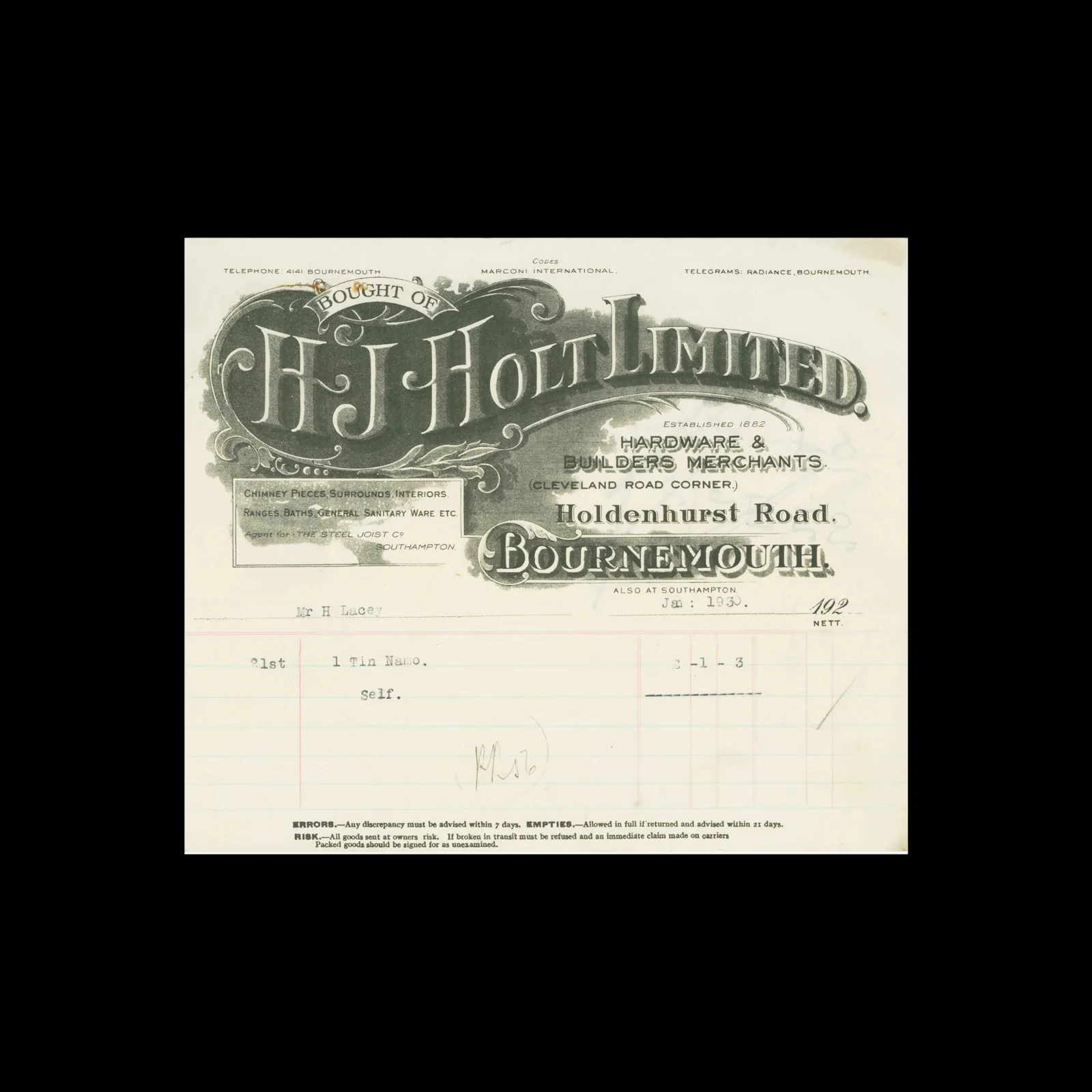 H.J. Holt Limited, Invoice, Bournemouth, 1930