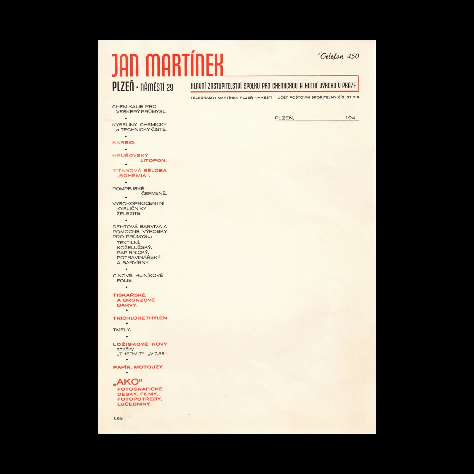 Jan Martínek Chemical Products Letterhead, Plzeň, c.1935–1940