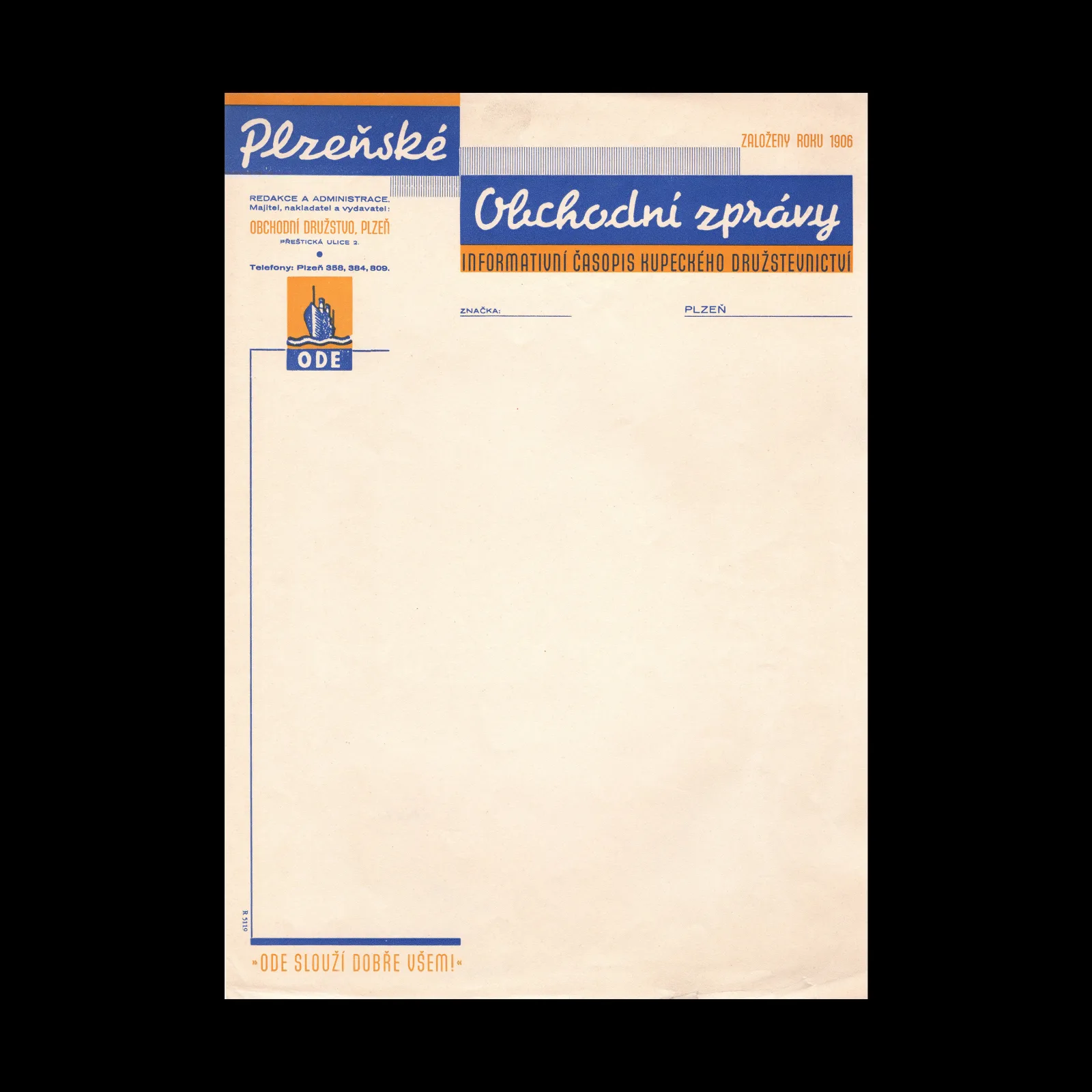 Obchodní Zprávy Cooperative Trade Journal Letterhead, Plzeň, c.1935–1940