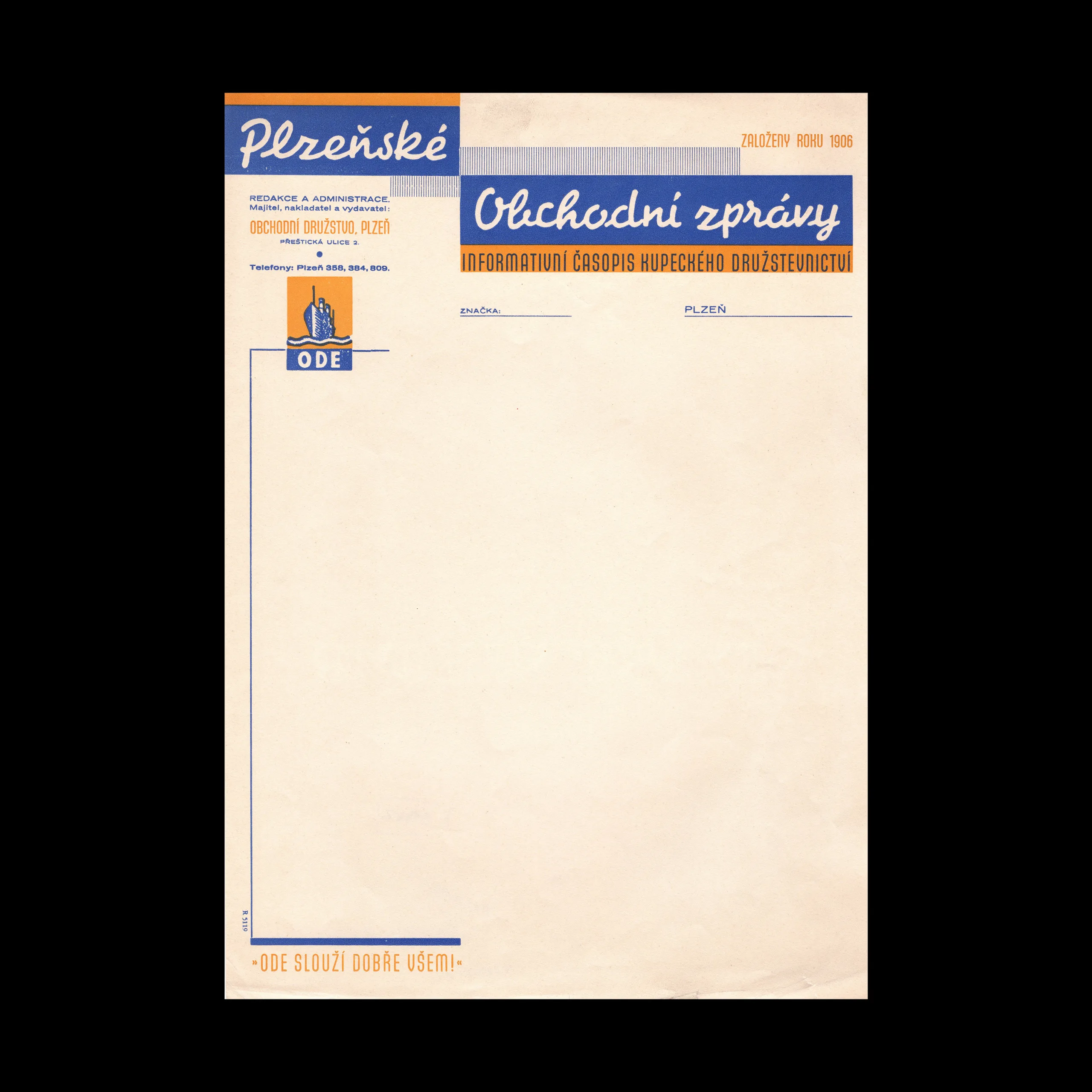 Obchodní Zprávy Cooperative Trade Journal Letterhead, Plzeň, c.1935–1940