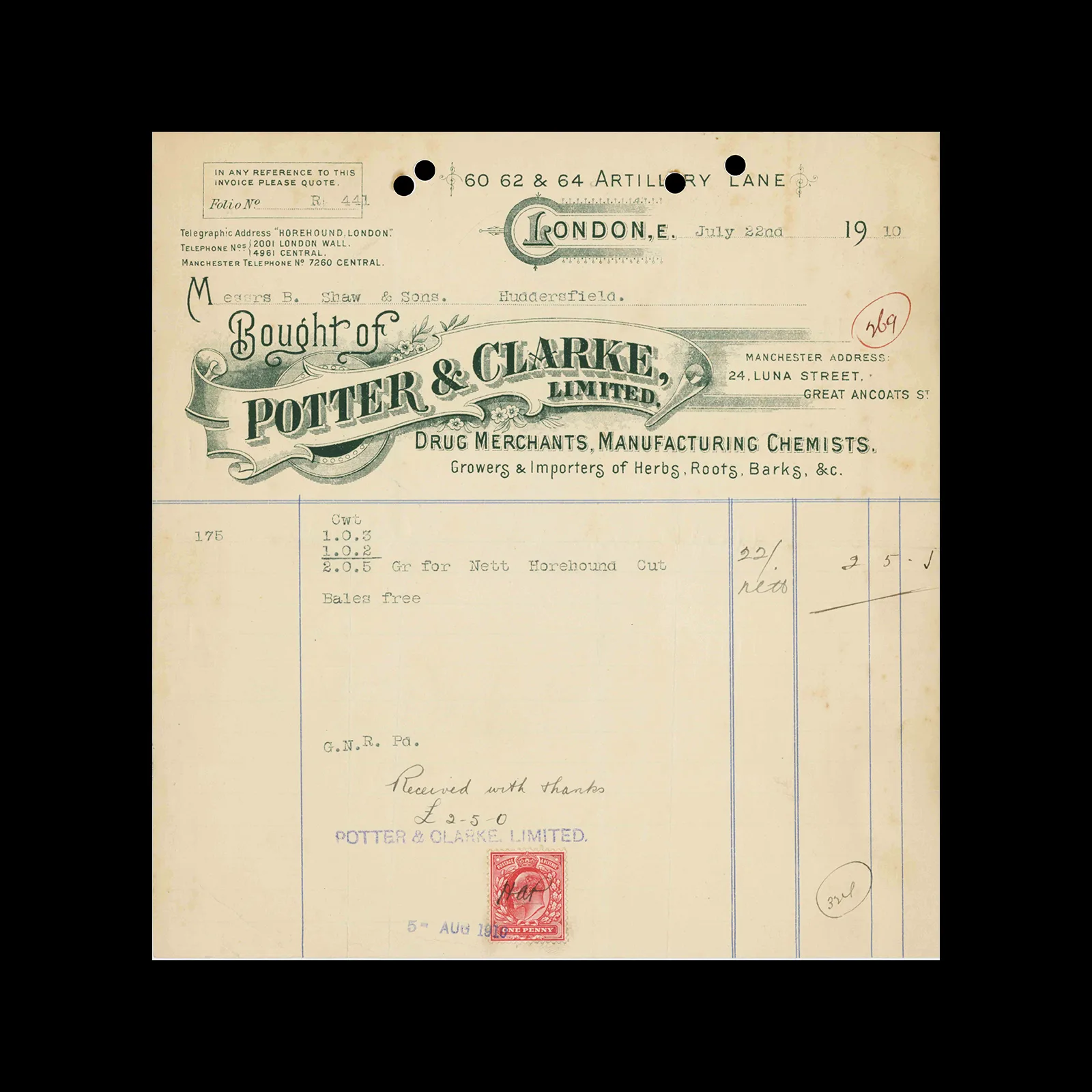 Potter & Clarke, Limited, Invoice, London, 1910