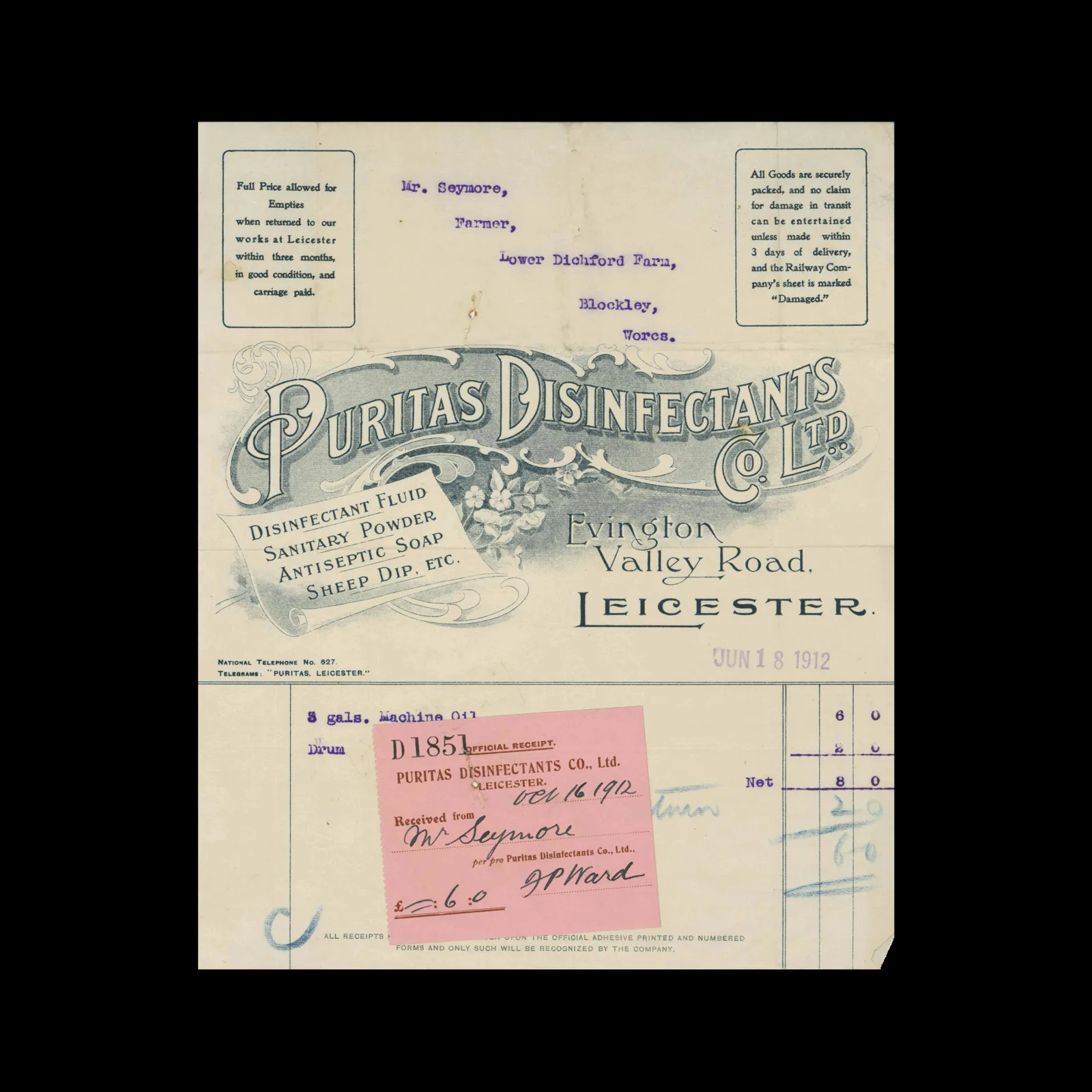 Puritas Disinfectants Co. Ltd, Invoice & receipt, Leicester, 1912