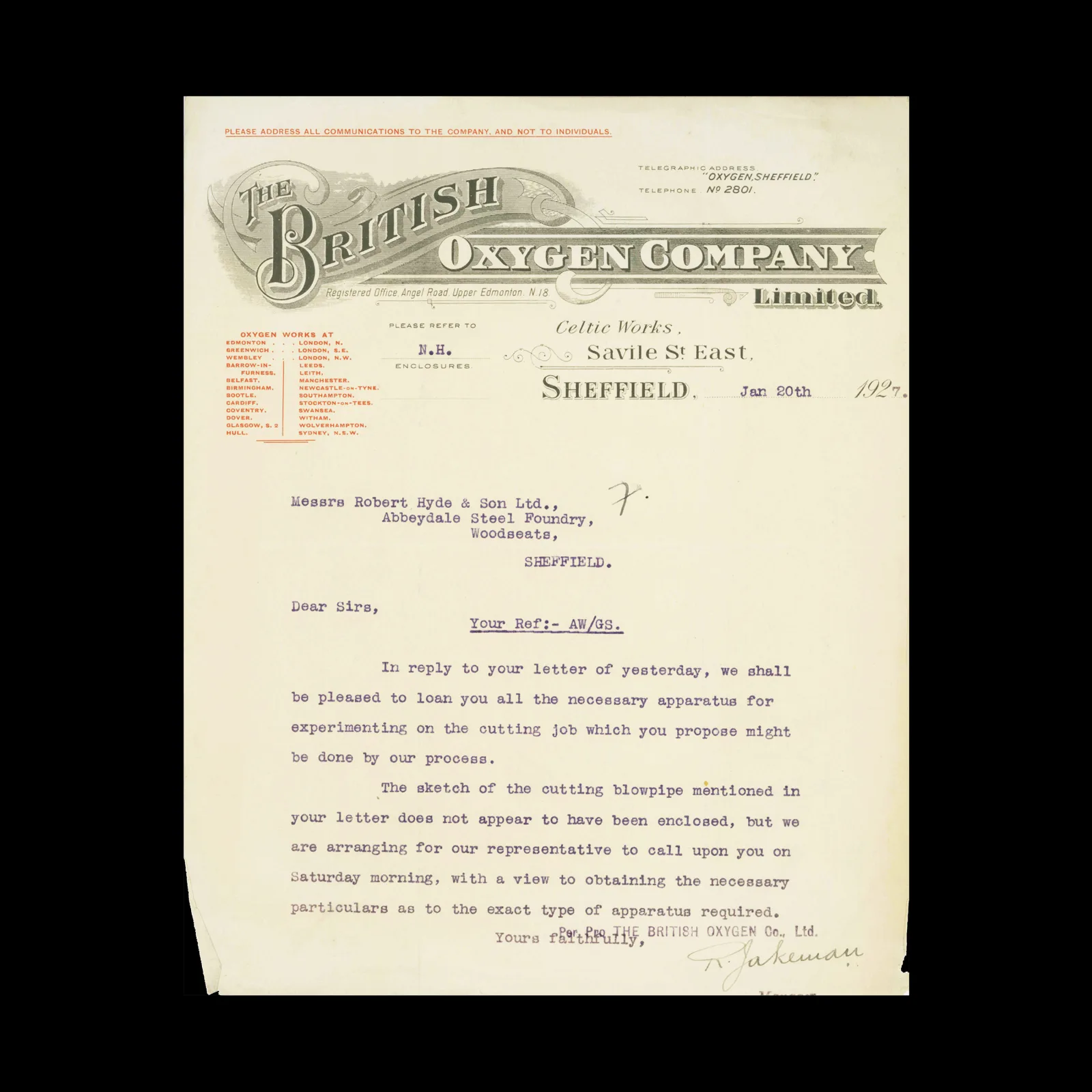 The British Oxygen Company Limited, Letter, Sheffield, 1927
