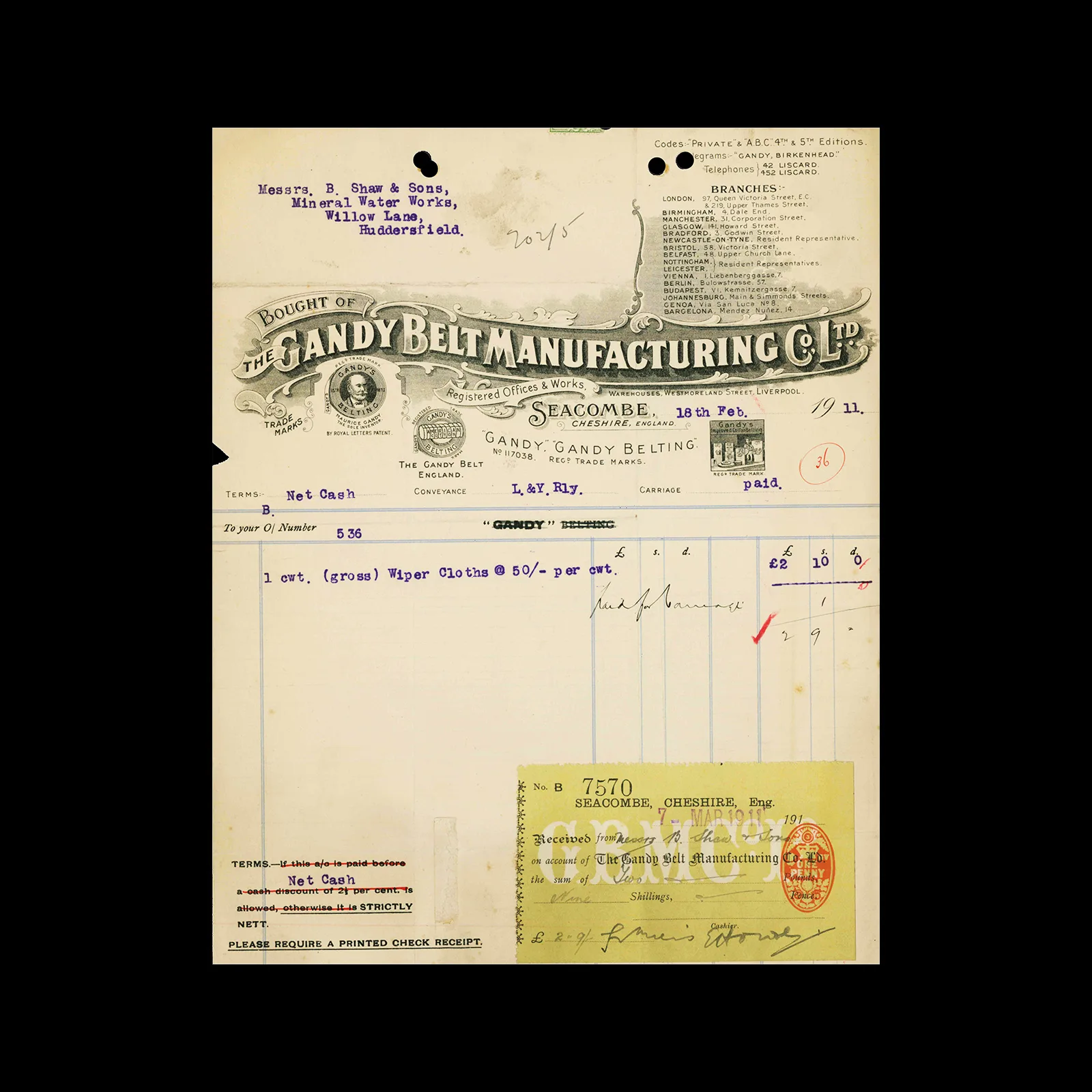 The Gandy Belt Manufacturing Co. Ltd, Invoice & receipt, Seacombe, 1911