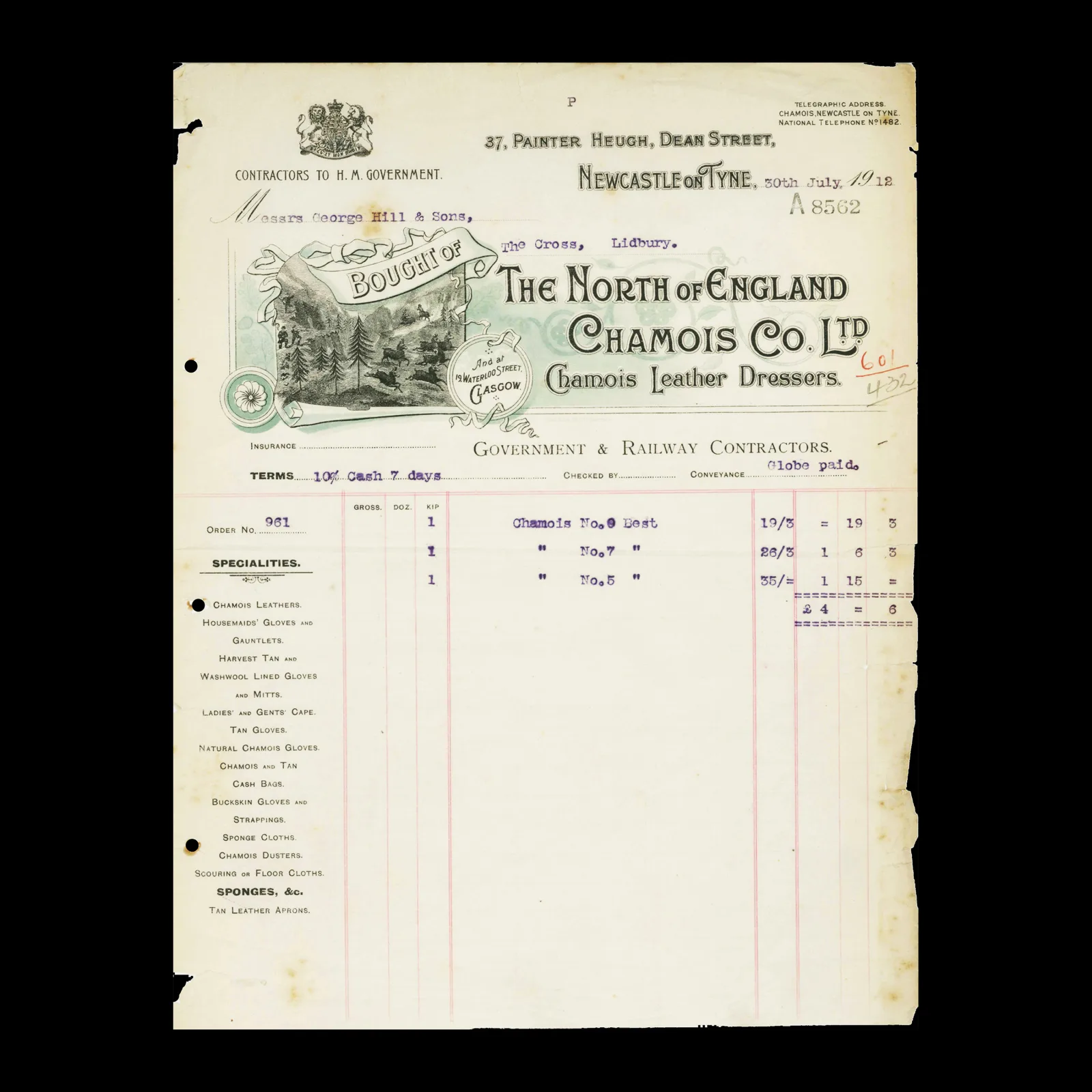 The North of England Chamois Co. Ltd, Invoice, Newcastle on Tyne, 1912