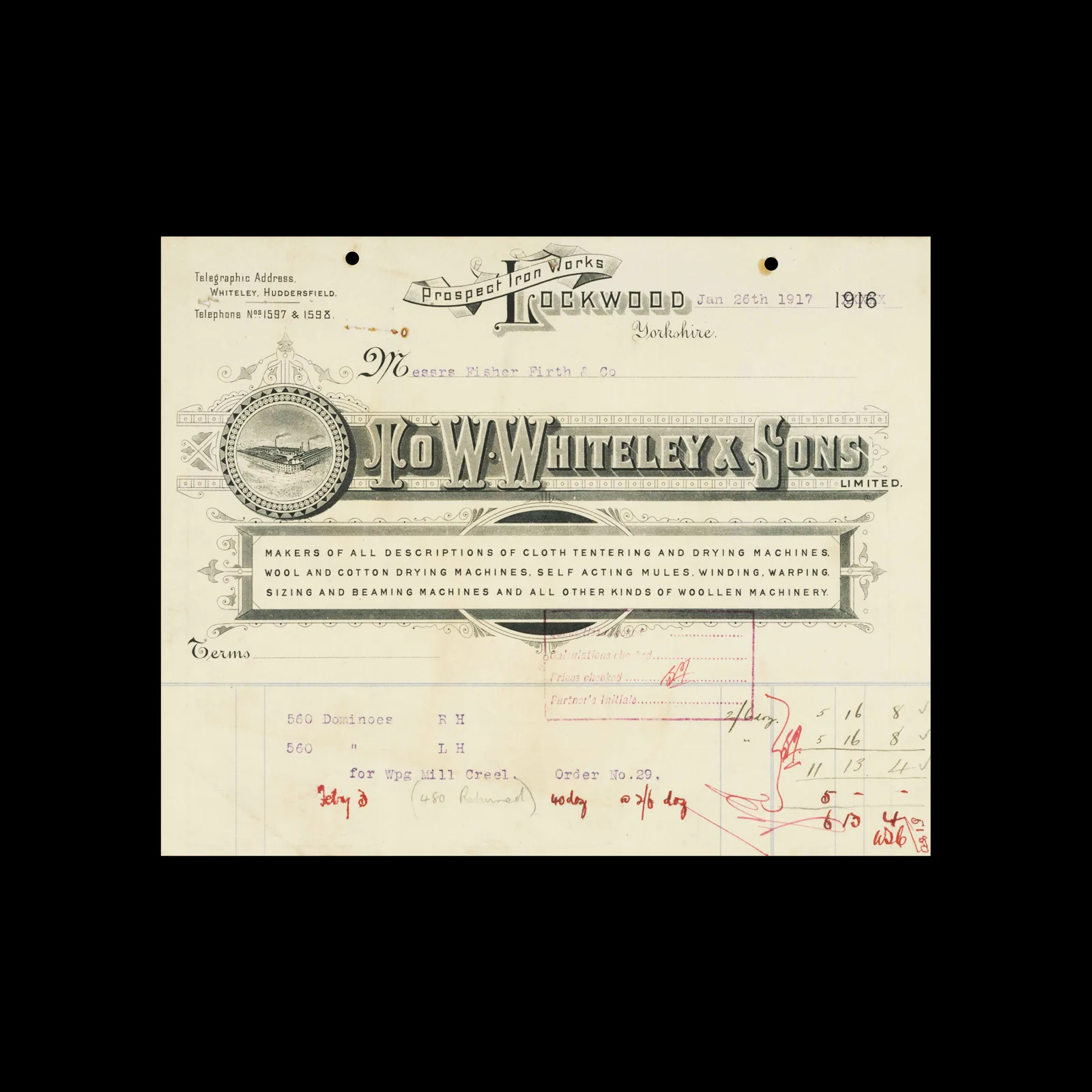 W. Whiteley & Sons, Limited, Invoice, Lockwood, Yorkshire, 1917