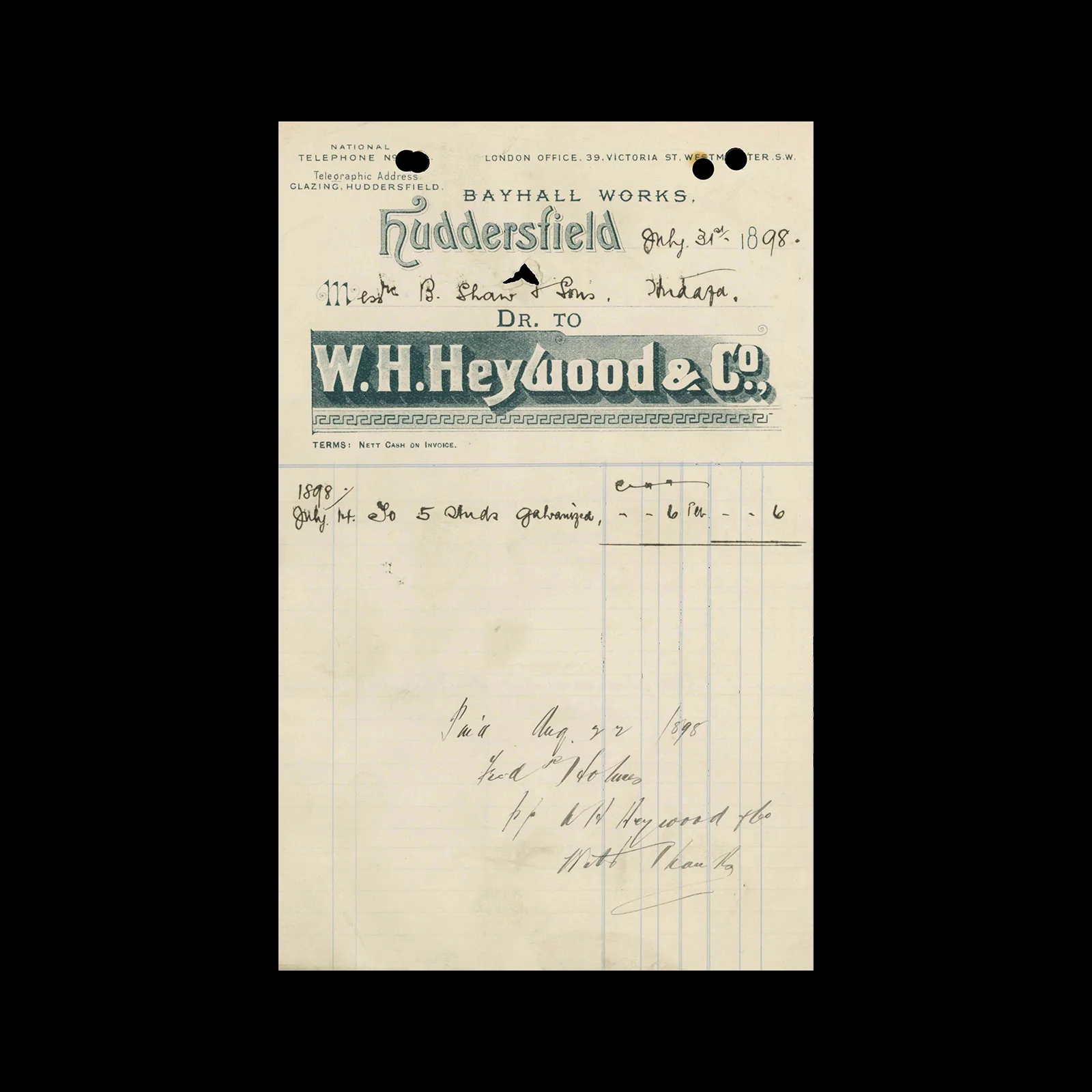 W.H. Heywood & Co., Invoice, Huddersfield, 1898